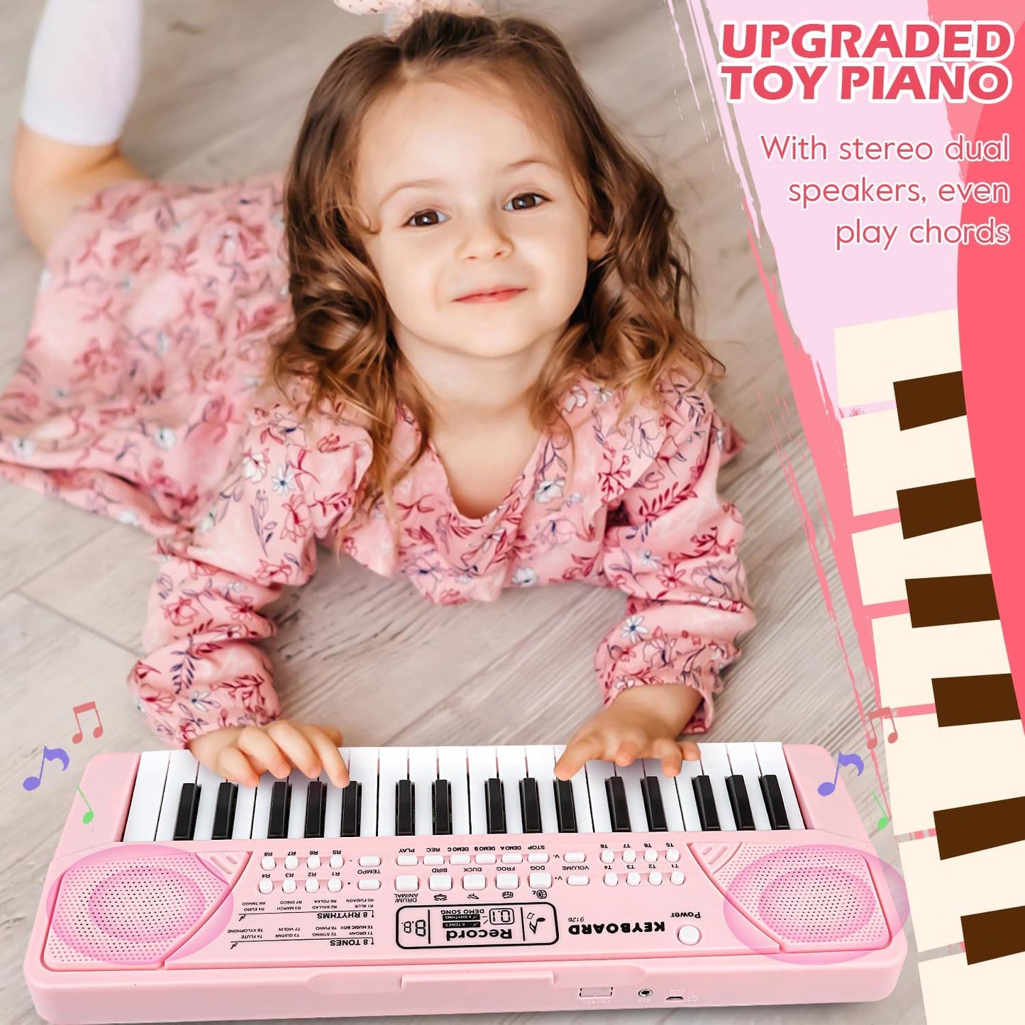 M SANMERSEN Kids Piano Keyboard with Microphone 37 Keys Portable Electronic Keyboards for Beginners Musical Toy for 3/4/5/6 Year Old Girls Boys, Pink