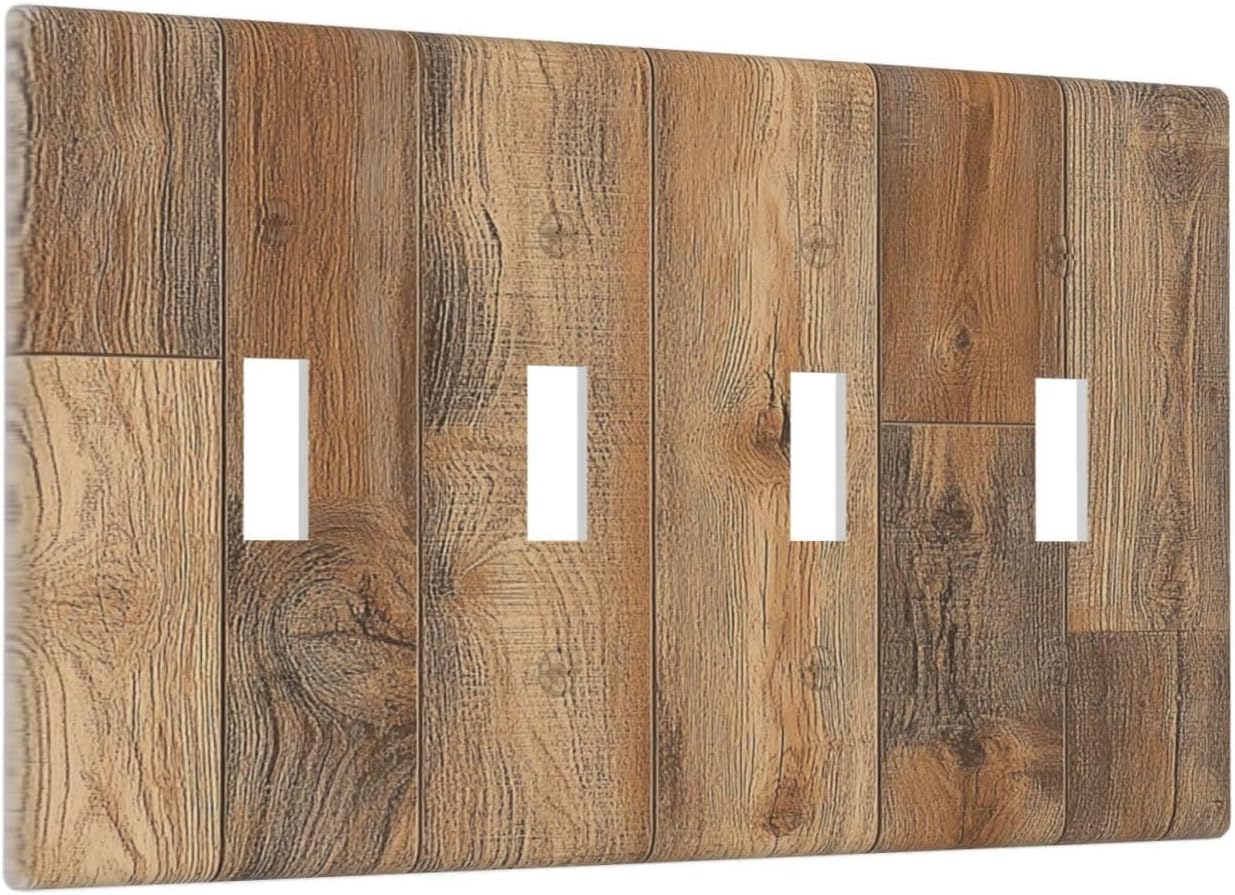 Light Switch Covers Retro Rustic Brown Wood Grain Quad Toggle Electrical Faceplate 4 Gang Wall Plate Decorative Switch Plates For Farmhouse Cabin Decor