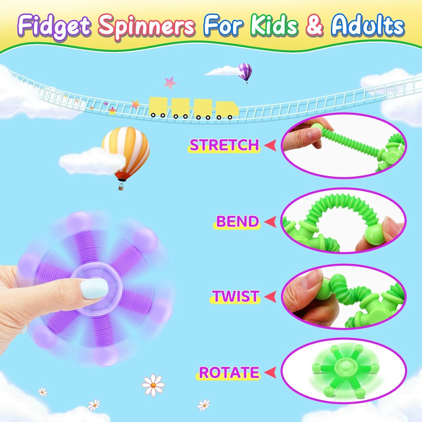 Cevioce Fidget Toys for Kids Adults, 3Pc Fidget Spinner Toys, Sensory Toys for Kids, Easter Basket Stuffers Presents, Pop Tubes Fidget Spinner - Top Stress & Anxiety Relief Sensory Toy(B)