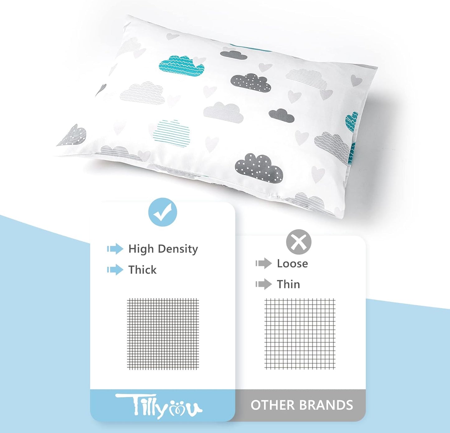 TILLYOU Toddler Pillowcase 2 Pack with Envelope Closure,Silky Soft Microfiber 13" x 18" Kids Travel Pillow Cases,Blue Clouds & Blue Stars