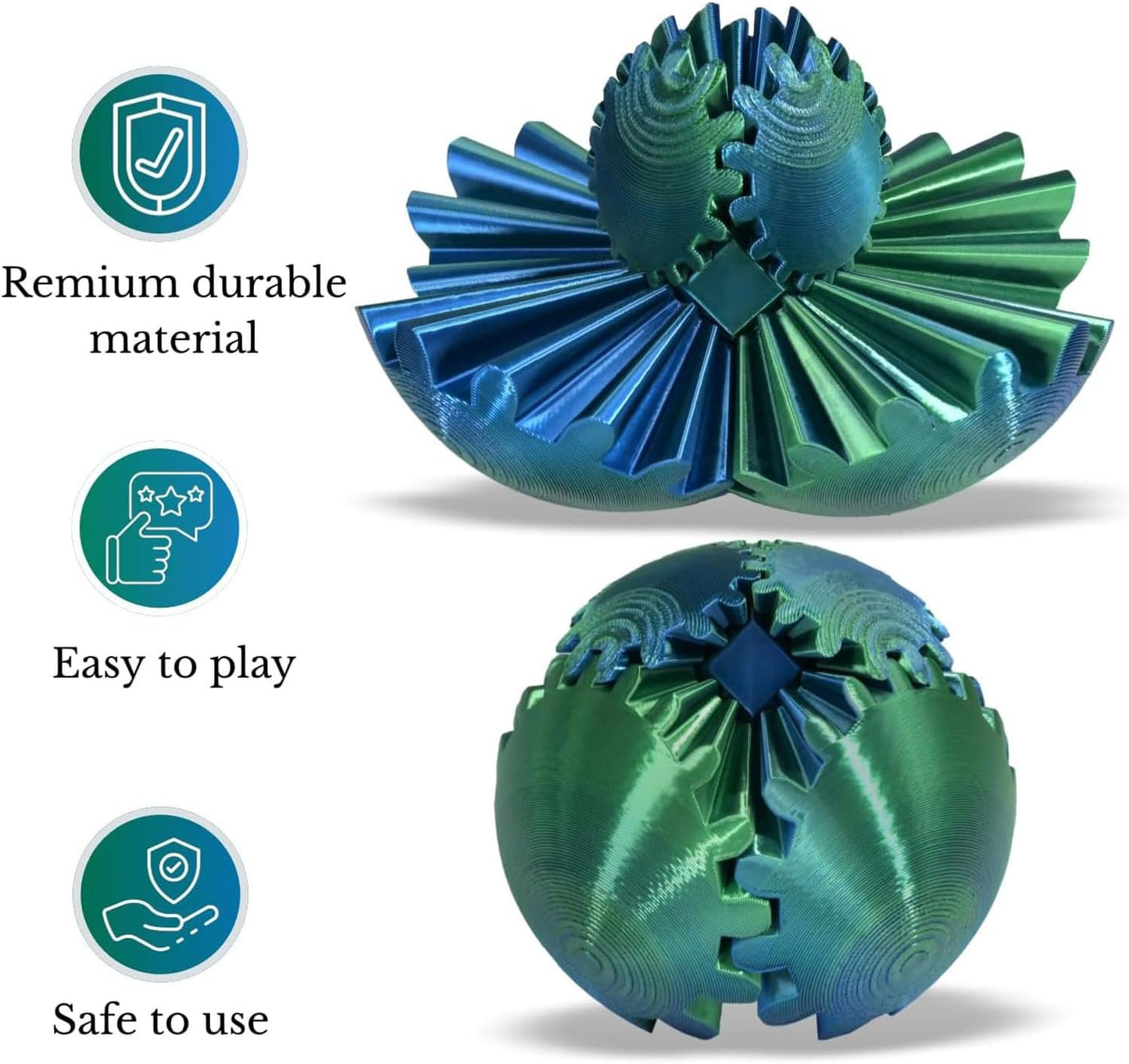 Gear Ball, Gear Sphere 3D Printed Gear Ball Fidget Toy Spin Ball, GearSphere Desk Toy, Stress Ball, Fidget Ball, Gear Toy for Stress and Anxiety Relaxing (Laser Blue Green)