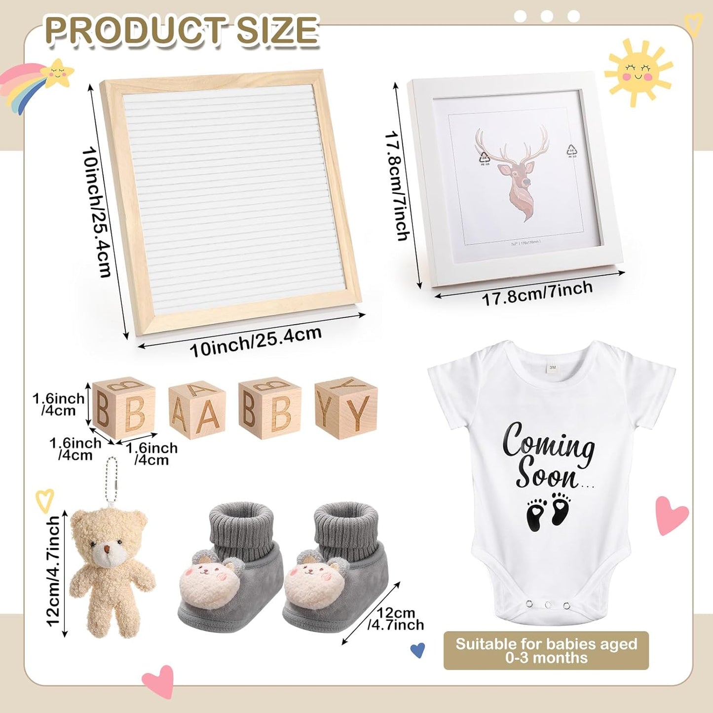 9 Pcs Pregnancy Announcement Set Pregnancy Reveal Ideas Felt Letter Board Baby Bodysuit Baby Booties Photo Frame Bear Plush Baby Wood Blocks for Coming Soon Baby Announcement (White,Bright)