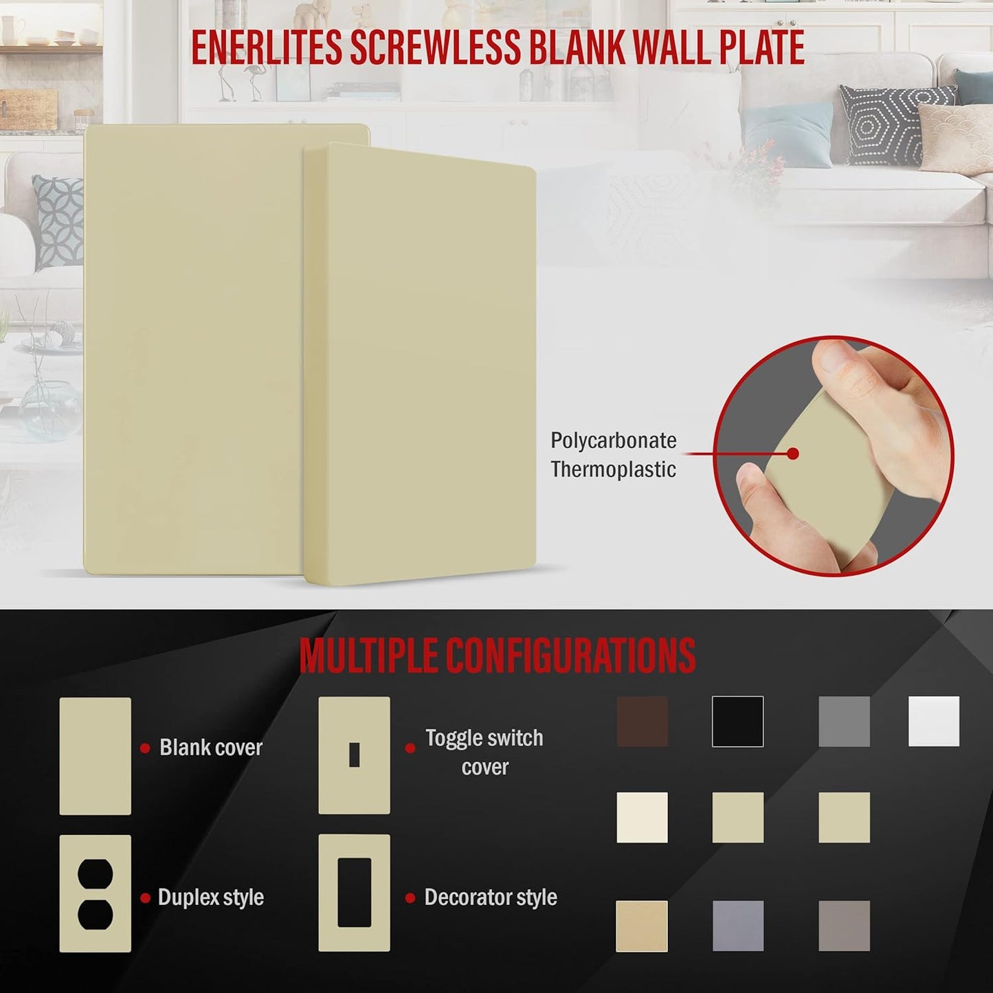 ENERLITES Screwless Blank Wall Plate, Child Safe Blank Device Outlet Cover, Standard Size, 1-Gang 4.68" x 2.93", Polycarbonate Thermoplastic, UL Listed, SI8801-I, Glossy, Ivory