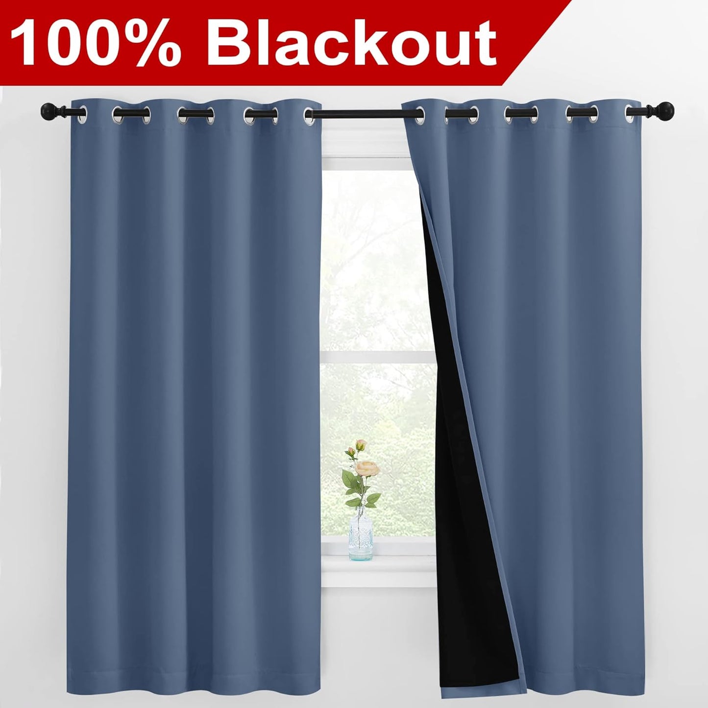 NICETOWN 100% Blackout Curtains with Black Liners, Thermal Insulated Full Blackout 2-Layer Lined Drapes, Energy Efficiency Window Draperies for Bedroom (Stone Blue, 2 Panels, 55-inch W by 68-inch L)