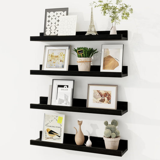 Picture Ledge Shelf, Solid Pine Wood Floating Shelves Set of 4, 16 Inches Nursery Book Shelves for Toys Storage, Kids Bookshelf Wall Mounted for Living Room Decor Photo Frames, Black