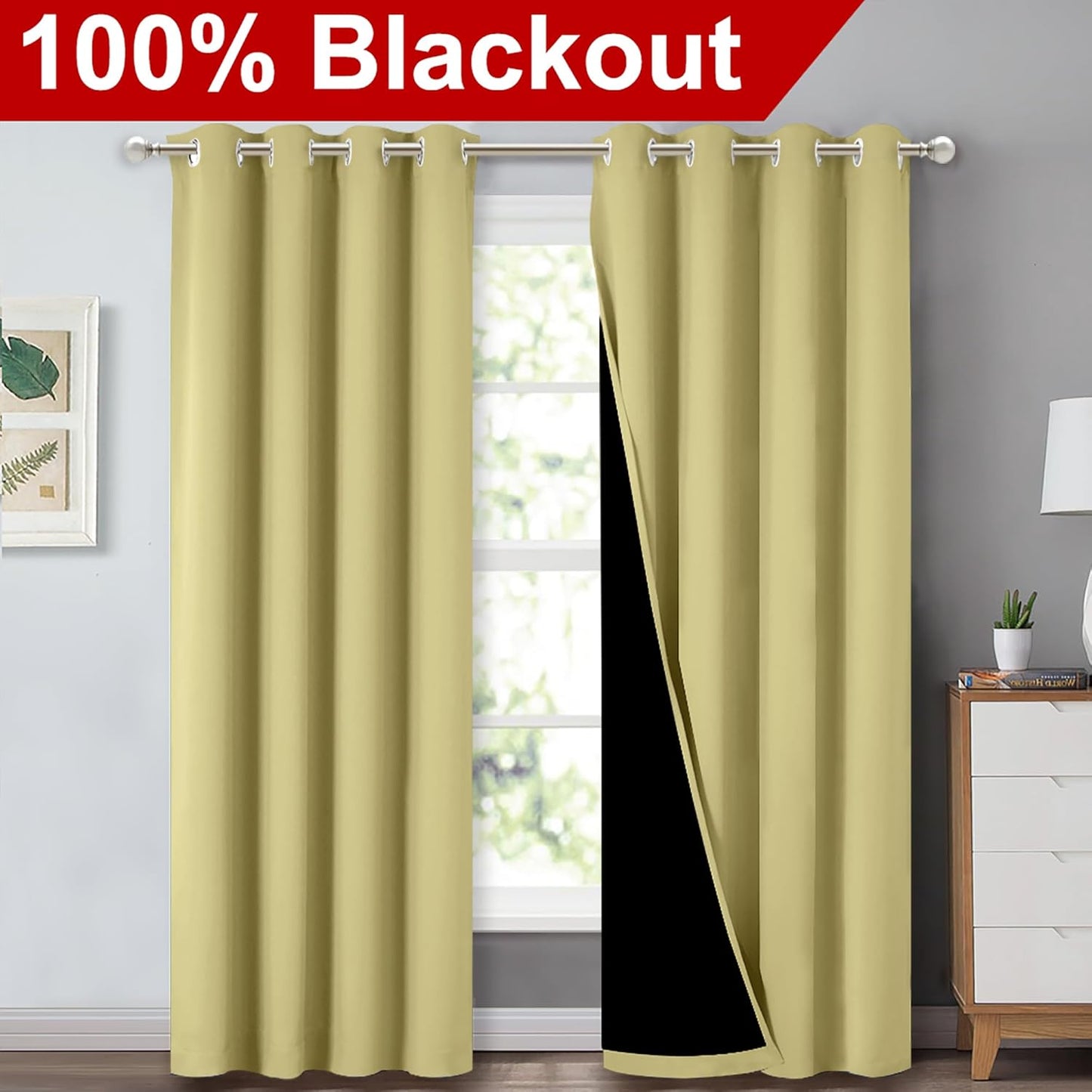 NICETOWN Full Shading Curtains 90" Long 2 Panels Set for Windows, Super Heavy-Duty Black Lined Blackout Curtains for Bedroom, Privacy Assured Window Treatment (Paler Yellow, Pack of 2, 52" W)