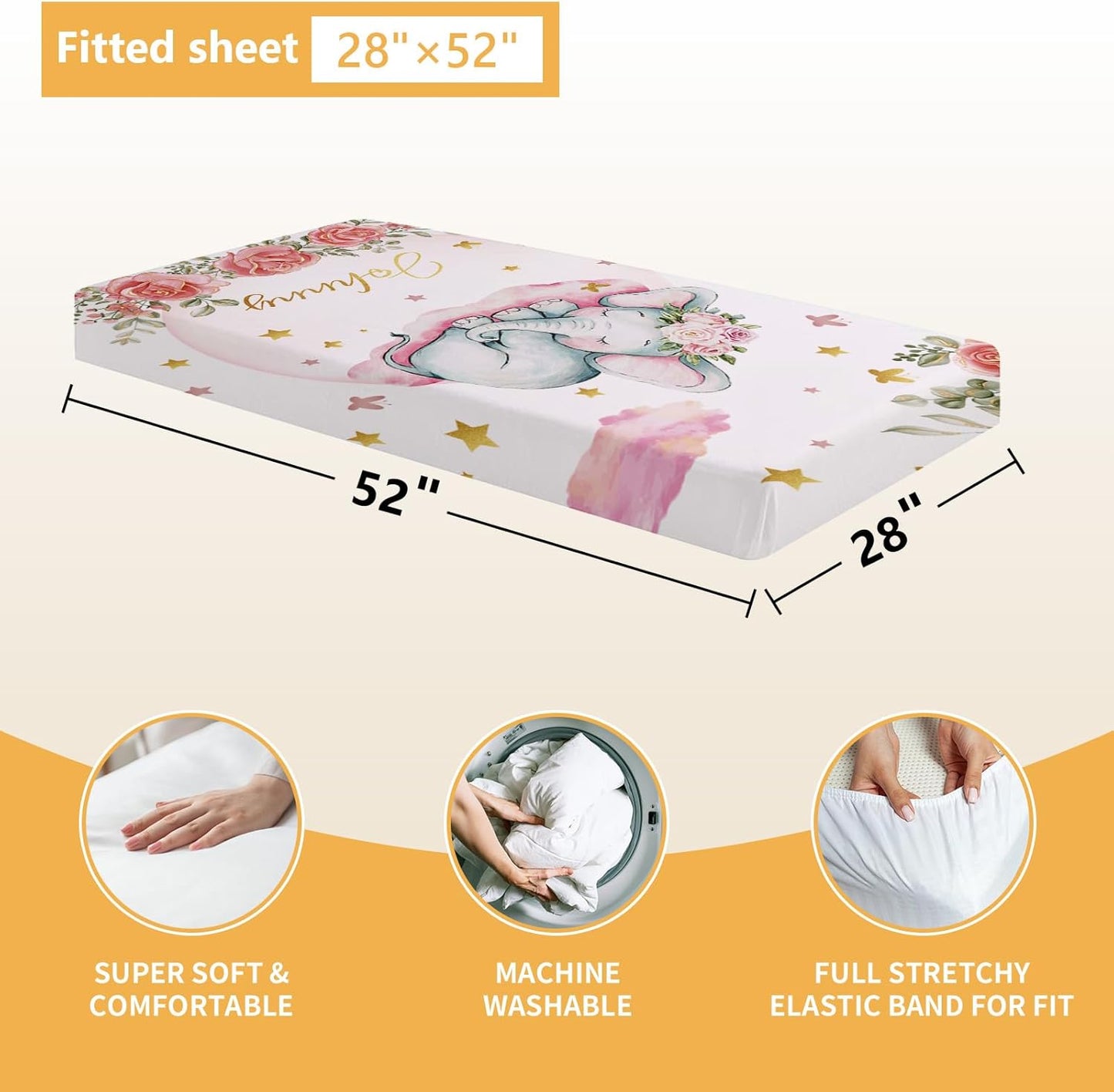 Custom Baby Crib Bedding Set, 5 Pcs Personalized Name Baby Crib Sets for Infant Toddler, Floral Elephant Nursery Bedding Set for Baby Girls, Double Layer Baby Bedding Sets Customized Gifts