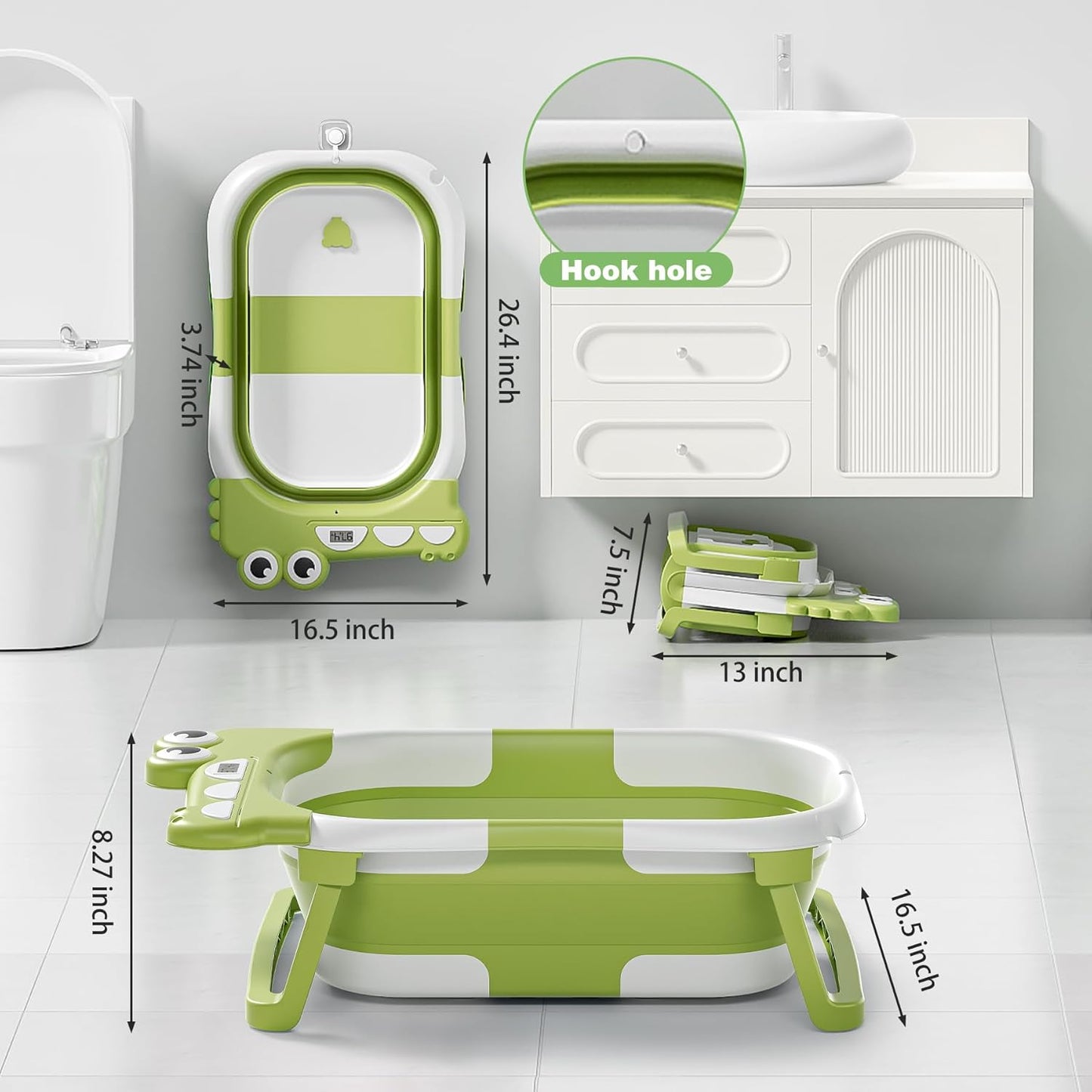 Collapsible Baby Bathtub for Newborn, Foldable Baby Bath Tub with Thermometer & Soft Floating Cushion & Drain Hole, Portable Travel Infant Bath Tubs for Newborns to Toddler 0-36 Months Girl, Green