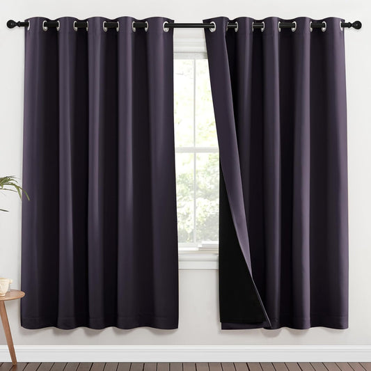 NICETOWN 100% Blackout Window Curtain Panels, Greyish Purple, 2 Pieces, 62-inch Wide Per Panel, Full Light Blocking Drapes with Black Liner for Nursery, 72-inch Drop Thermal Insulated Draperies