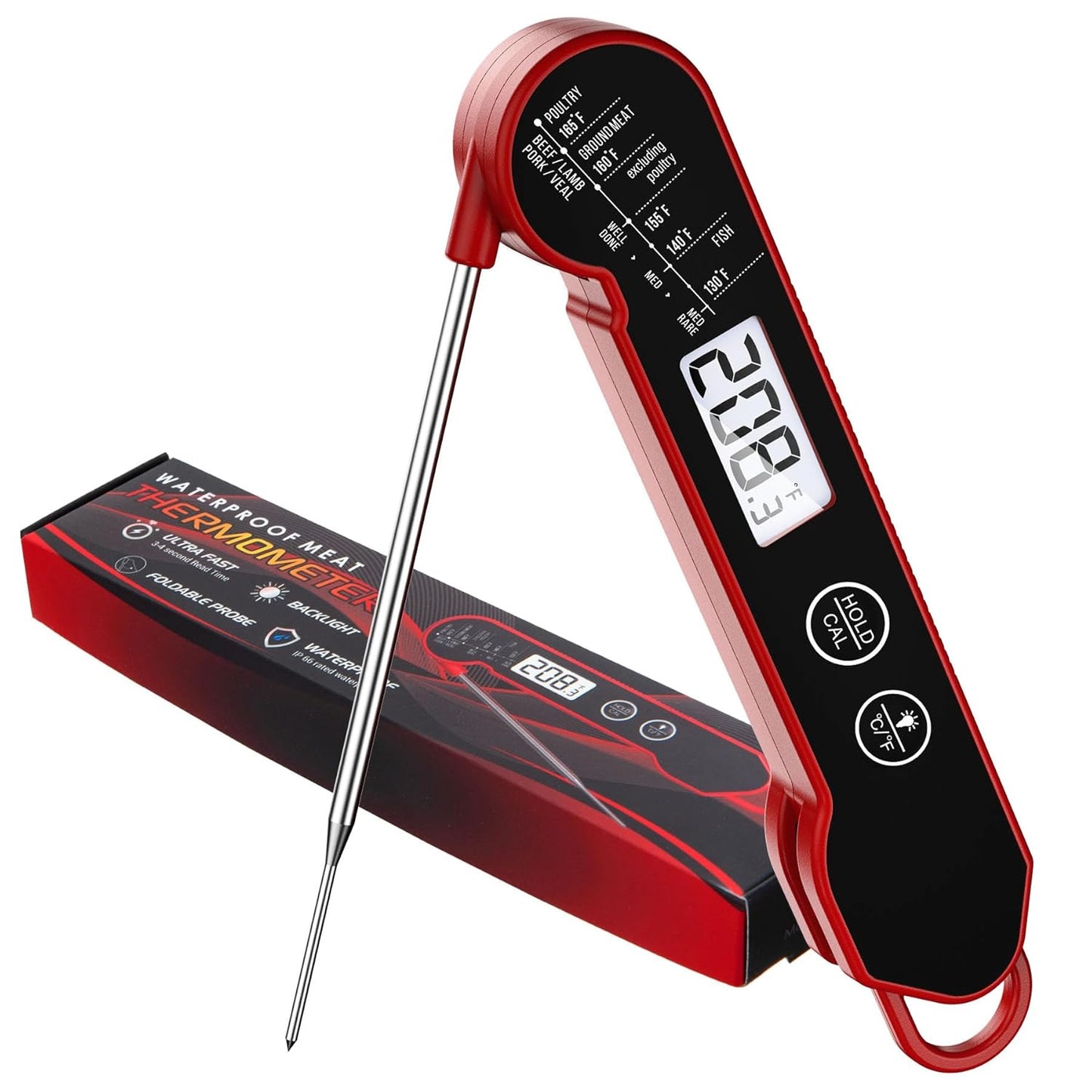 Meat Thermometer Digital with Backlight, Calibration & Hold Function, IP65 Waterproof Food Thermometer for Cooking, Outdoor Grilling, Candy Making