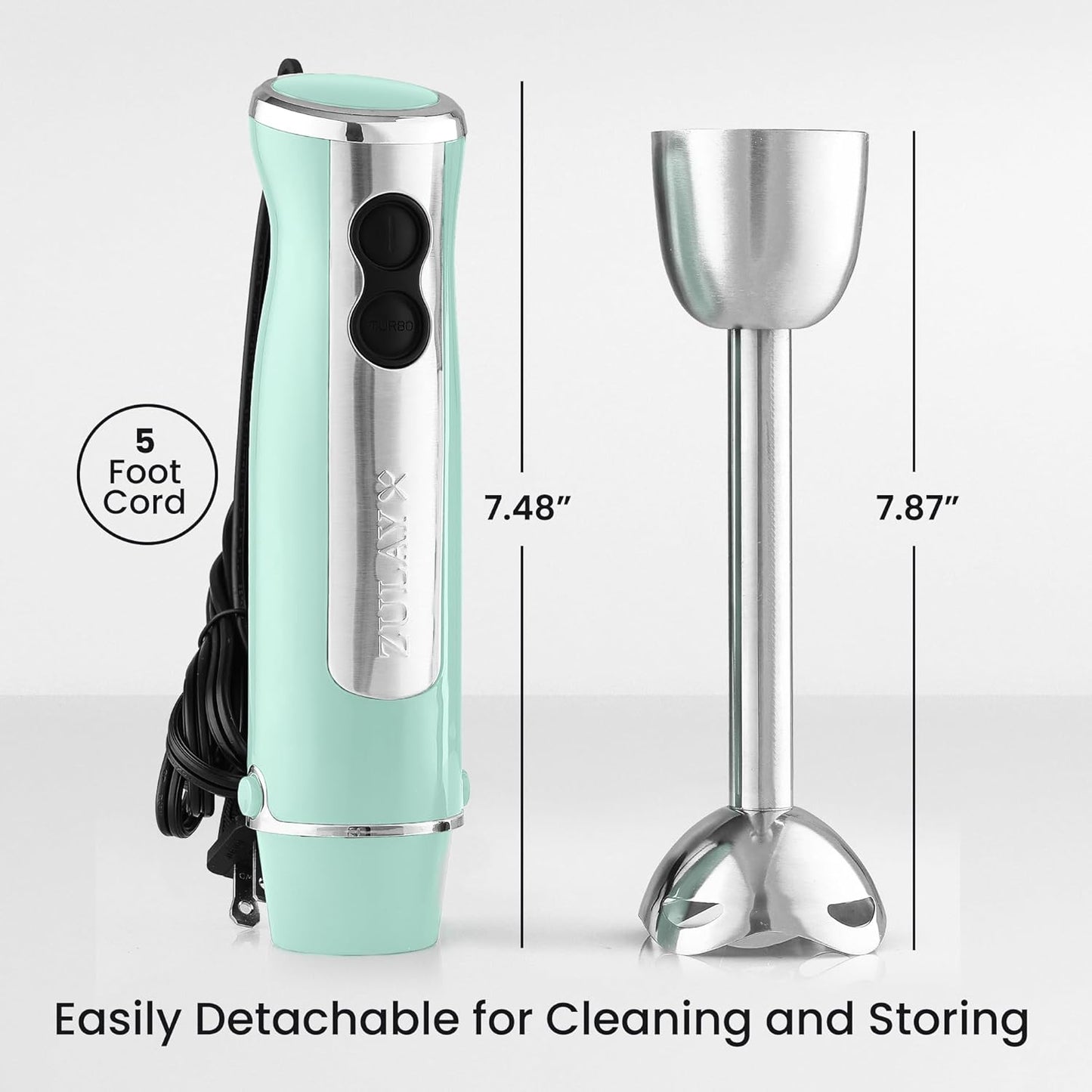 Zulay Immersion Stick Mixer Hand Blender - 800 Watts, Turbo Mode, 5-ft Power Electric Cord, Handheld Portable, Stainless Steel Blades - For Effortless Blending Smoothie, Soup, Baby Food, Puree - Aqua