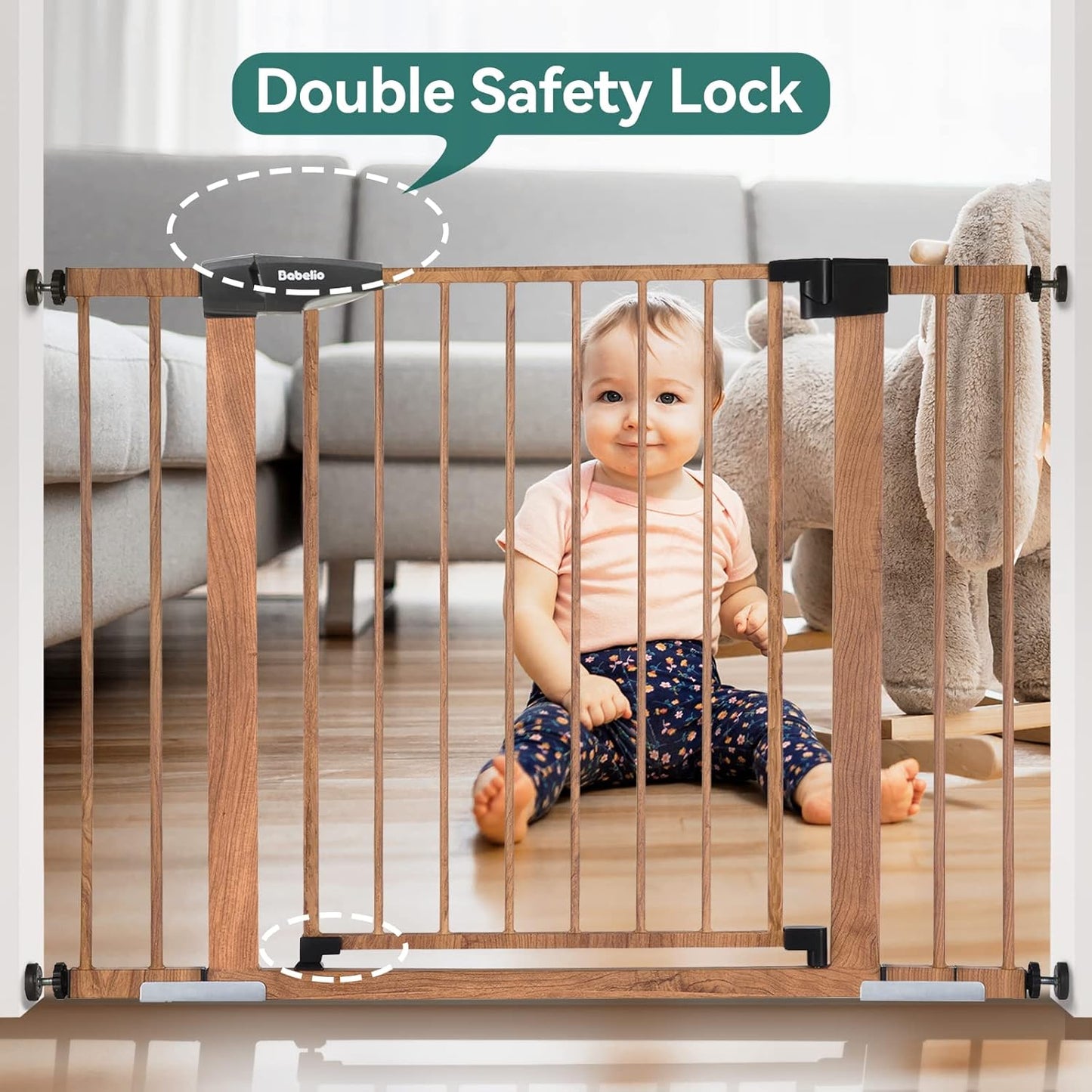 Mom's Choice Award Winner-BABELIO 26-40 Inch Metal Baby Gate with Wood Pattern, Easy Install Pressure Mounted Dog Gate, Ideal for Stairs and Doorways, with Wall Protectors and Extension Kits