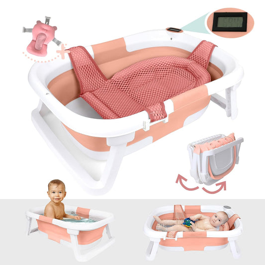 BEBELEH™ Collapsible Baby Bathtub with Thermometer – Bathtub + Baby tub Sling + Newborn Sling – Baby Bathtub Newborn to Toddler 0-24 Months – The Ultimate Baby Bath tub! (with Thermometer,Pink)