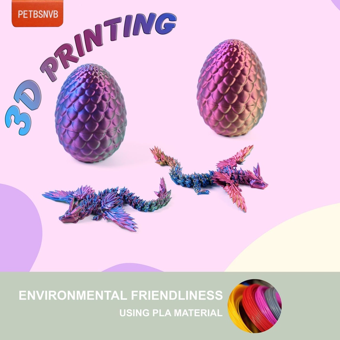 3 Colors 7" 3D Printed Dragon with Wings in Egg, Easter Basket Stuffers, Crystal Dragon Surprise in Eggs, Articulated Dragon, Dragon Fidget Toy, Home Office Decor Executive Desk Toy (Purple)