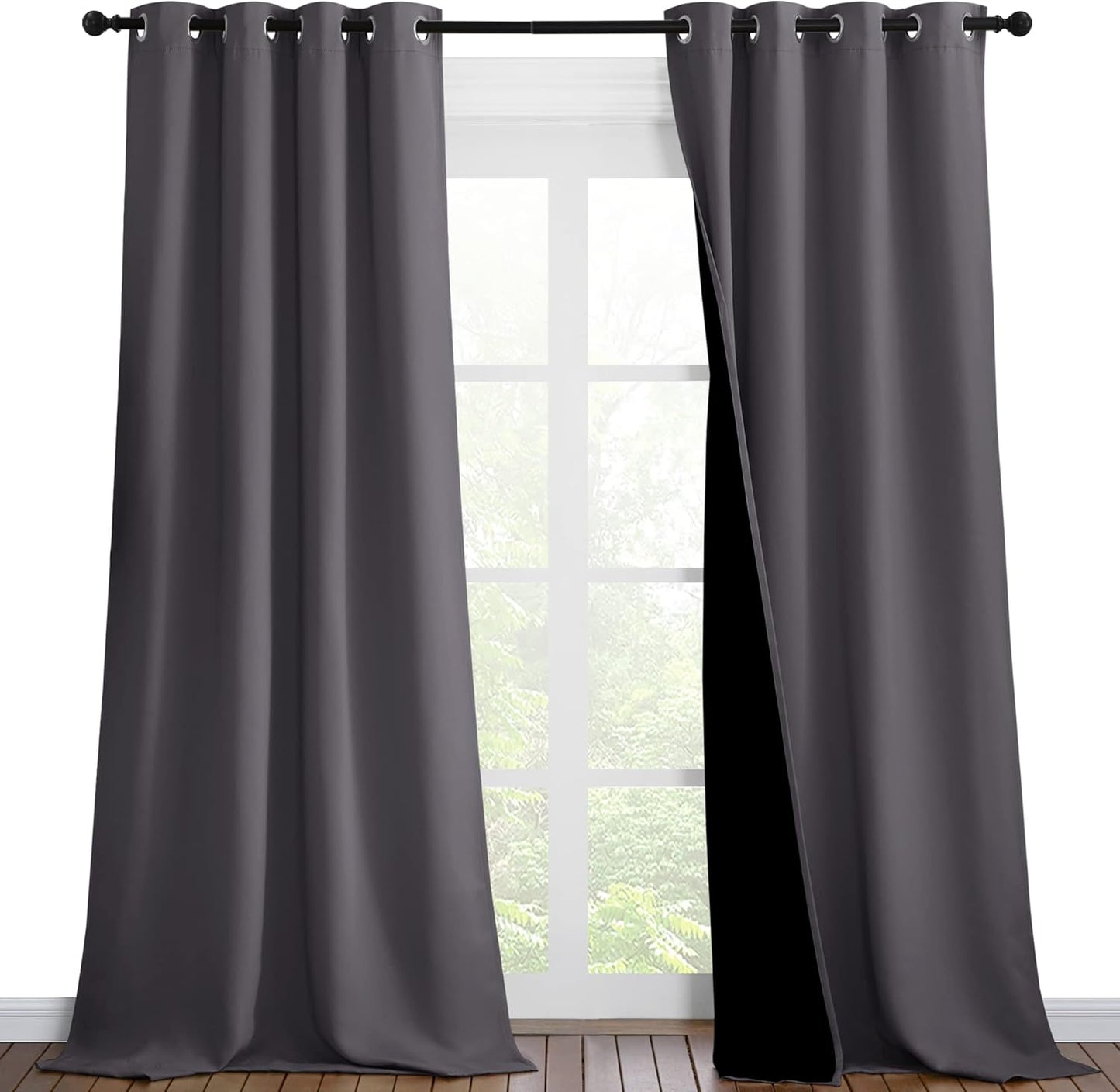 NICETOWN Grey Full Shade Curtain Panels, Pair of Thermal Insulated & Energy Efficiency Blackout Curtains for Living Room Windows, Lined Silky Performance Window Dressing (46" Wide x 90" Long, Gray)
