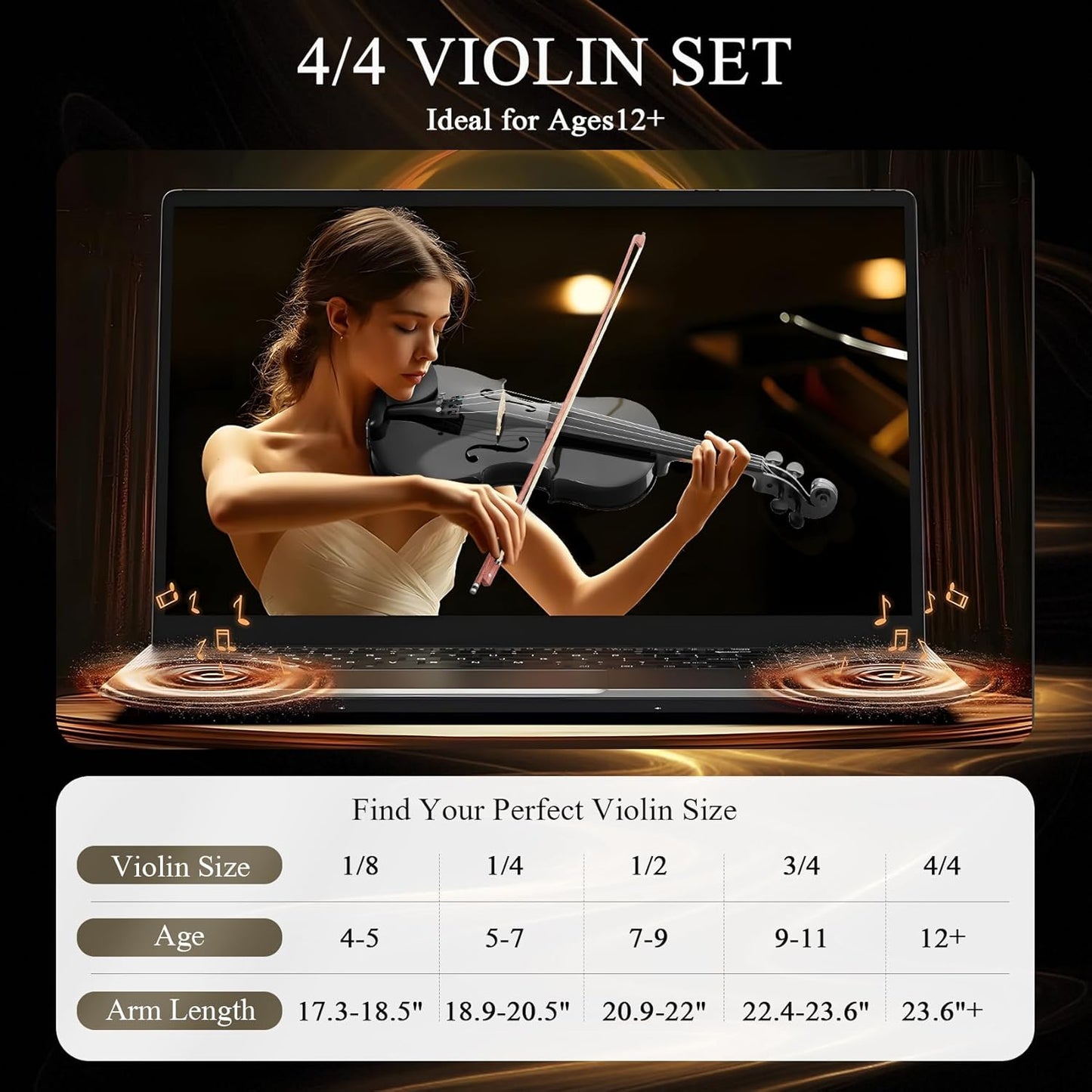 4/4 Beginner Violin Kit for Adults, Complete Full Size Violin Set with Portable Case, Bow, Rosin, Black
