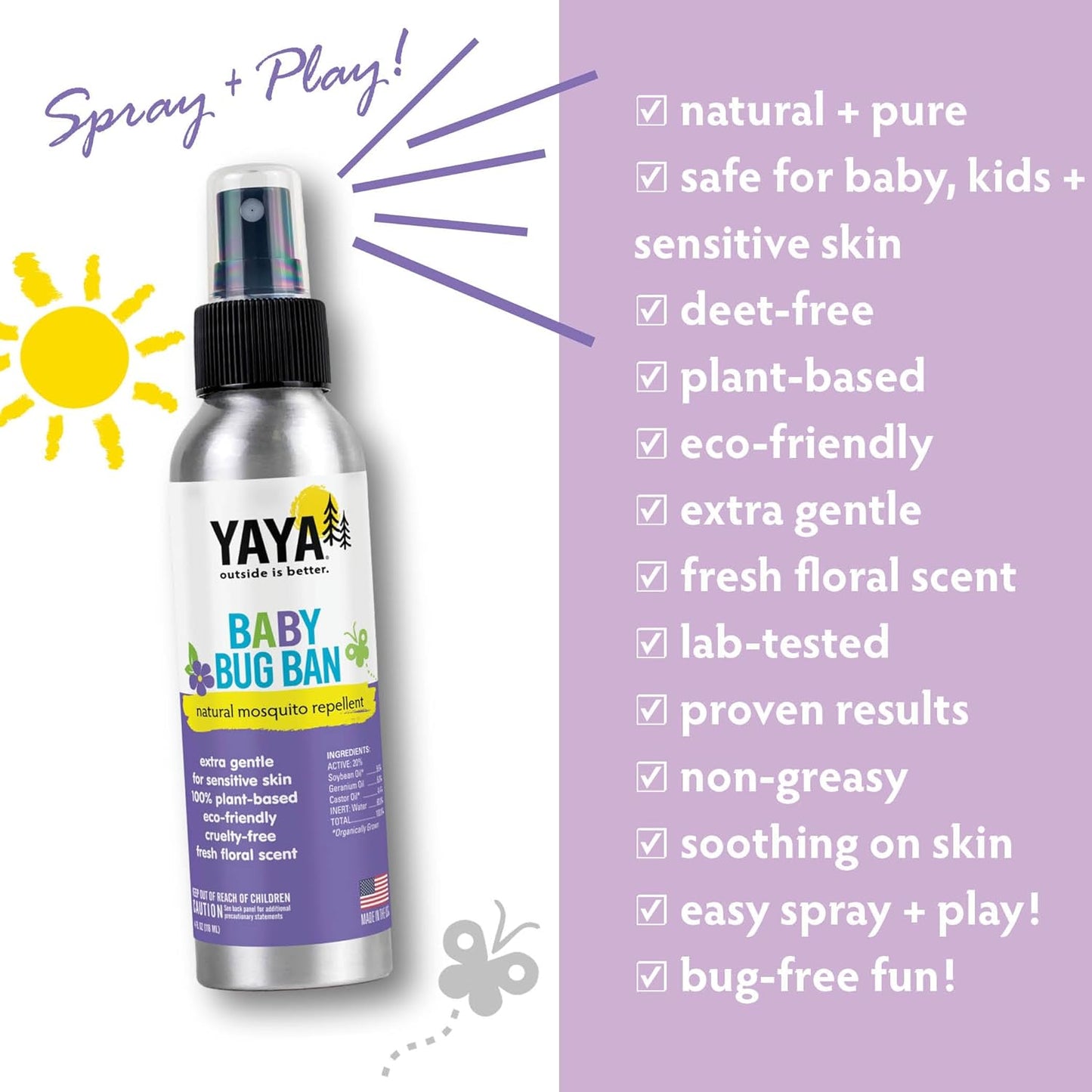 YAYA ORGANICS Baby Bug BAN – All-Natural, Proven Effective Repellent for Babies, Children and Sensitive Skin (4 Ounce Spray)