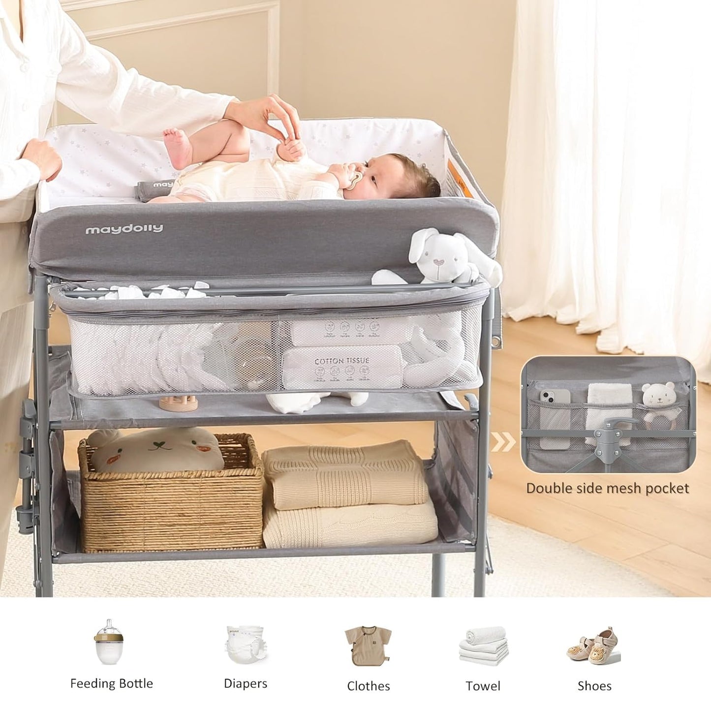 Maydolly Baby Changing Table, Portable Folding Changing Table with Wheels, Waterproof and Adjustable Height, Premium Diaper Changing Station with Two Drawers, Mobile Nursery for Newborn (Grey)