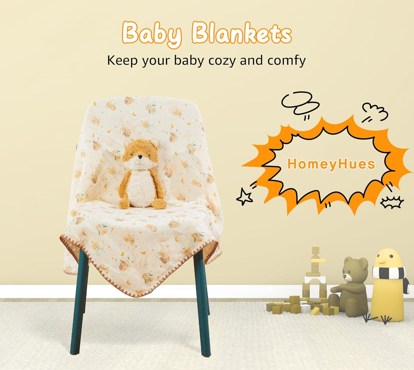 Baby Blanket Double Layer Cotton 40 x 40 Soft Receiving Blanket with Pattern Machine Washable Koala