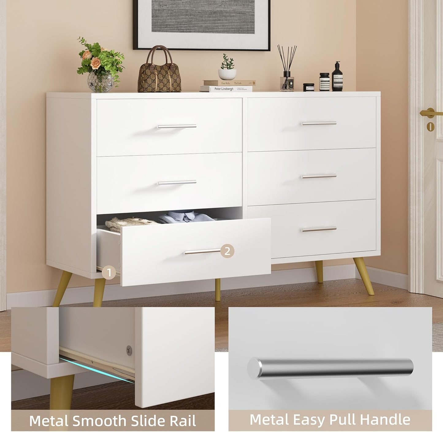 Shintenchi 6 Drawer Dresser, Wide Chest of Drawers Organizer Storage with Drawers, Large Storage Cabinet, Modern Design Dresser for Bedroom, Living Room, Porch, White