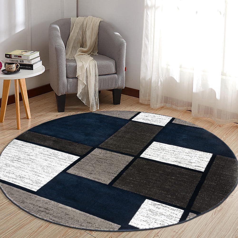 Rugshop Contemporary Modern Boxes Area Rug 6' 6" Navy (6' 6" Diameter)