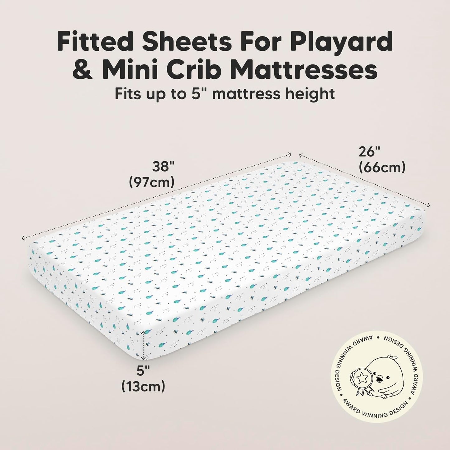 2-Pack Mini Crib Sheets Fitted - 38x26 Pack N Play Sheets for Pack and Play Mattress, Organic Cotton, Soft & Breathable Playard Bedding, Neutral Mini Toddler Bed Cover for Boys, Girls (Space Quest)