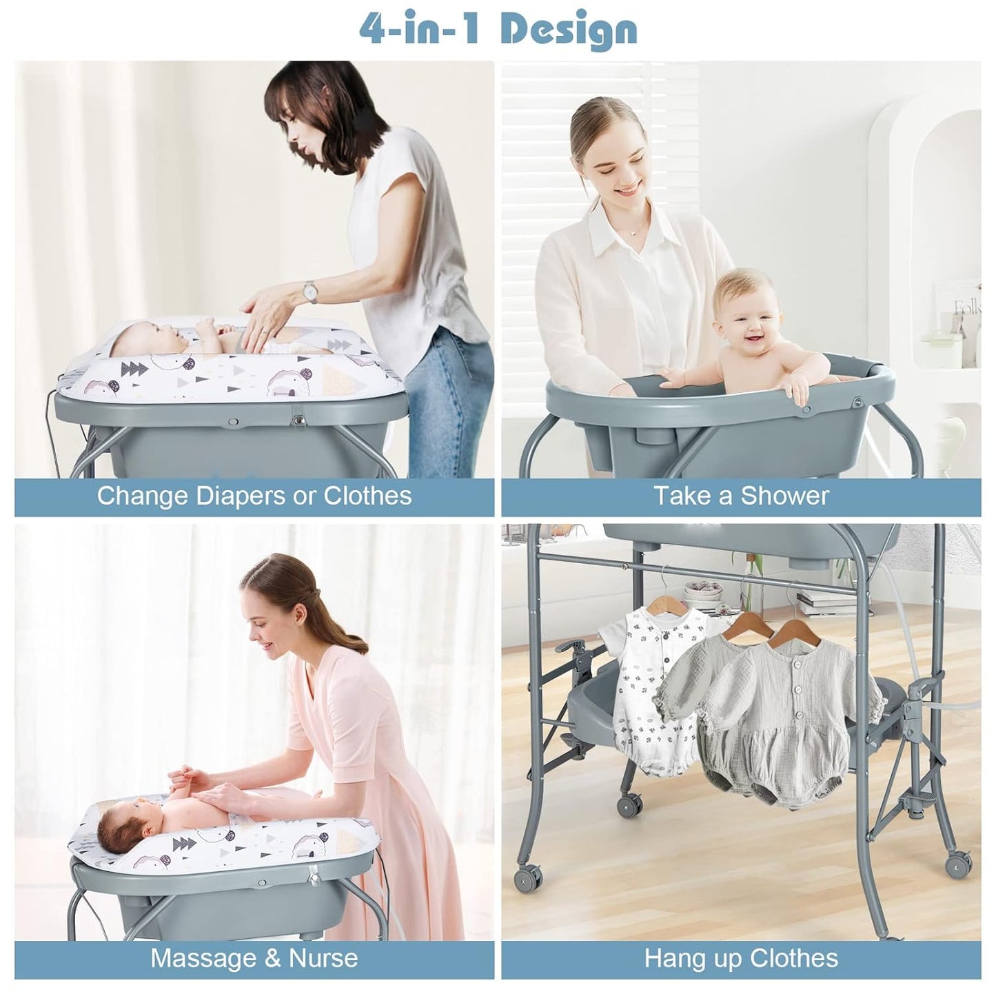 HONEY JOY Baby Changing Table with Bathtub, Foldable Infant Diaper Changing Station with Wheels, Storage Tray, Waterproof Pad, Portable Newborn Nursery Organizer Bath Stand for Boys Girls (Gray)