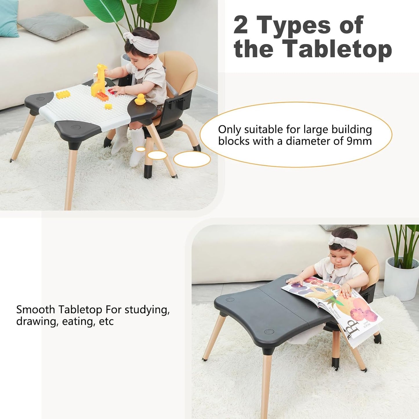 Baby High Chair, 7 in 1 Convertible High Chairs for Babies and Toddlers, Kids Learning Table, Building Block Table, Toddler Dining Chair with 360° Rotating Seat, 5-Point Safety Harness (Black)