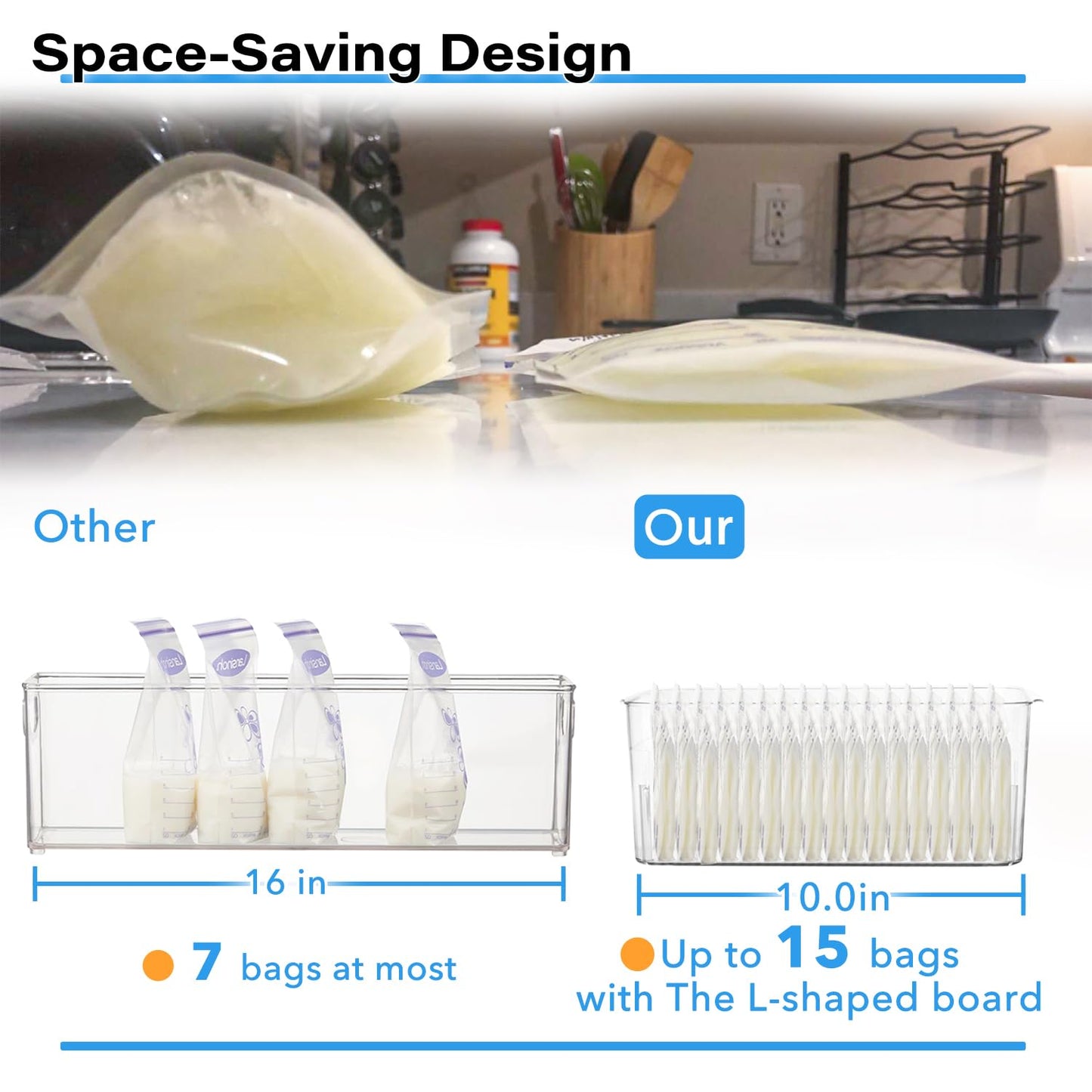 Breastmilk Storage Container with 4 Freezer Flattener Kit to Flatten Standing Breast Milk Bags in Organizer Bins Save Refrigerator Space |Horizontal Storage