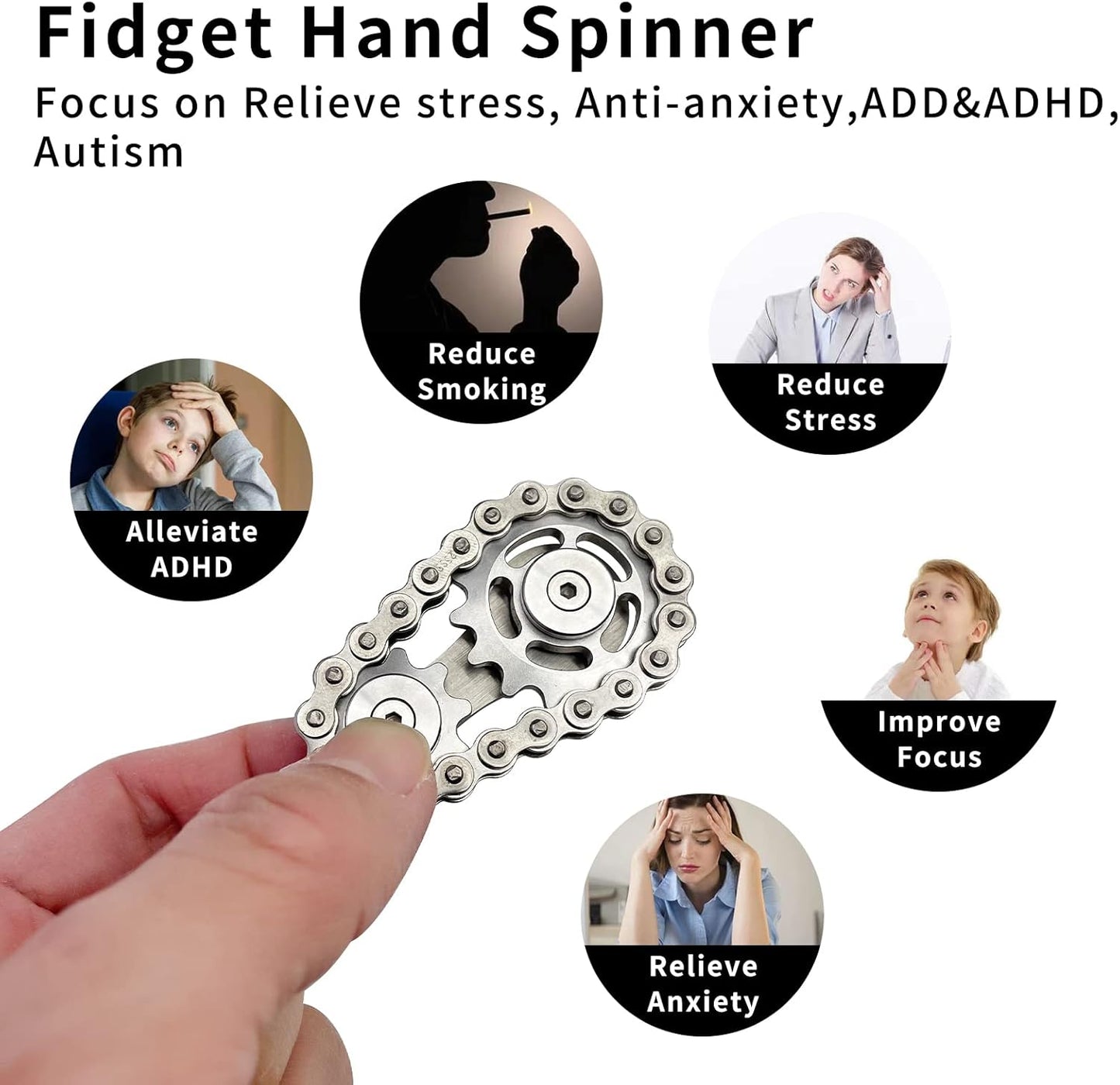 Chain Gear Fidget Spinner, Metal Sprocket Chain Fidget Toy, Stress Anxiety Relief Fidget Toy, Bike Chain Gears Novelty Toy,Metal EDC for Anxiety Relieve Boredom ADHD Autism(Silver)