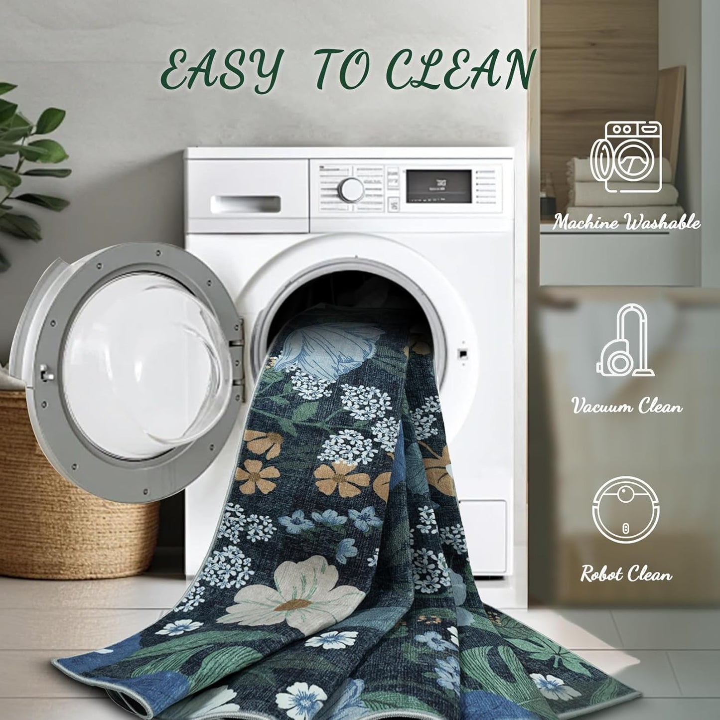 Area Rug Living Room Rugs: 5x7 Washable Rug Vintage Floral Soft Boho Non Slip Carpet Indoor Floor Non Shedding Low Pile Thin Carpets for Bedroom Dining Room Farmhouse Nursery Home Office Blue