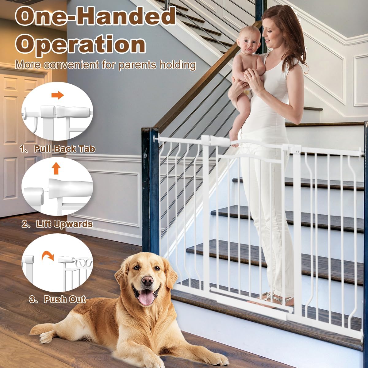 30" Tall Metal Narrow Baby Gate for Doorways No Drill 29.5-33.8" Wide, Auto Close Press Mounted Baby Gate Indoor for Kids, Walk Through Dog Gates for Stairs, White