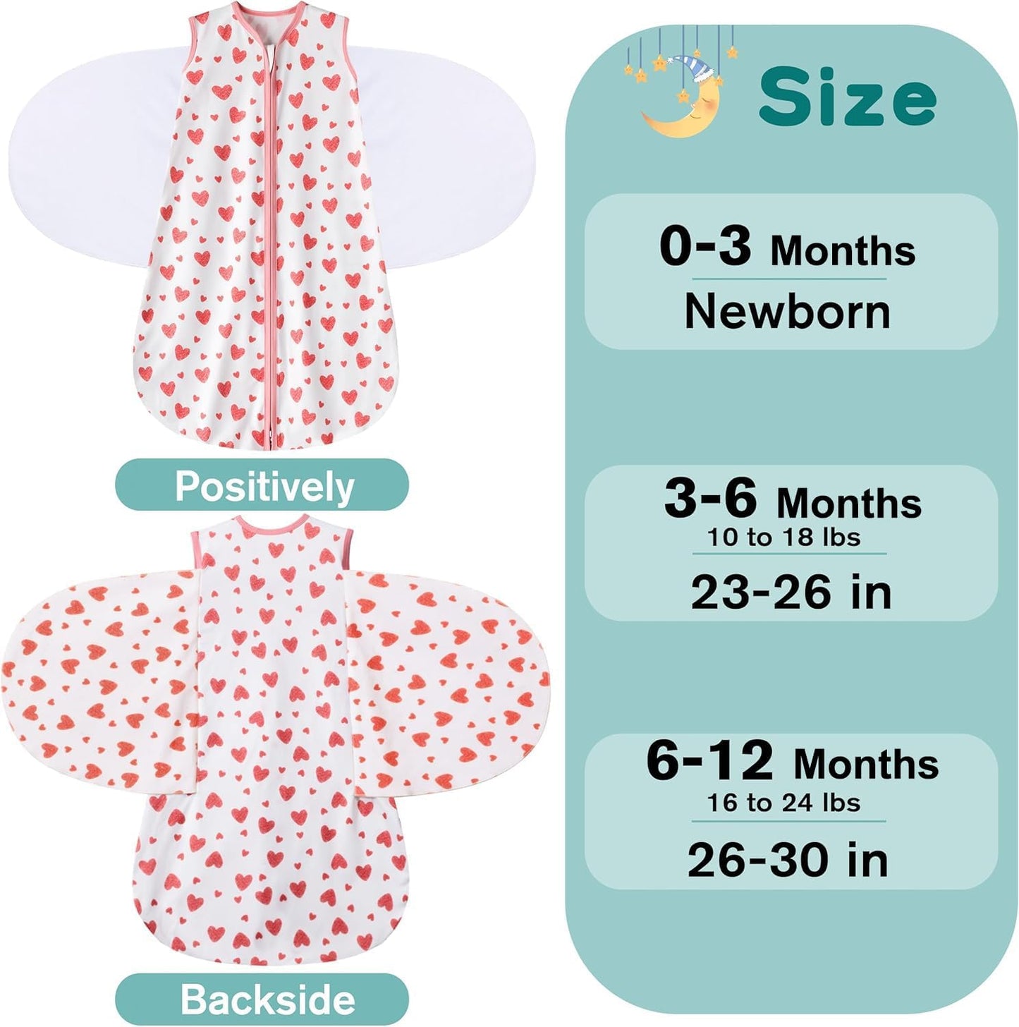 Newborn Sleep Sack Baby Swaddle,Swaddle me 3-6 Month,3-Way Adjustable Wearable Blanket,100% Rayon Cotton Swaddling Sleeping Bag，TOG 0.5 (Love, 3-6 Months)