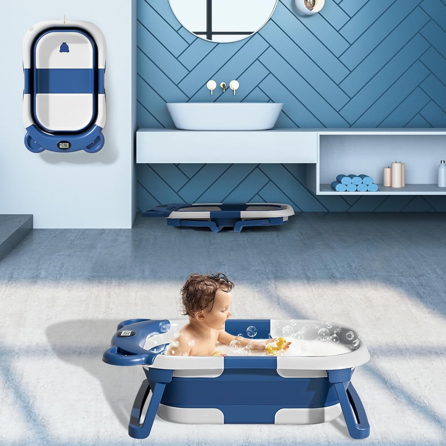 MoreFeel Collapsible Baby Bathtub for Newborn with Thermometer & 1 Soft Floating Cushion & 1 Bath Net,Portable Travel Bathtub with Drain Hole, Durable Foldable Baby Tubs for Infants to Toddler