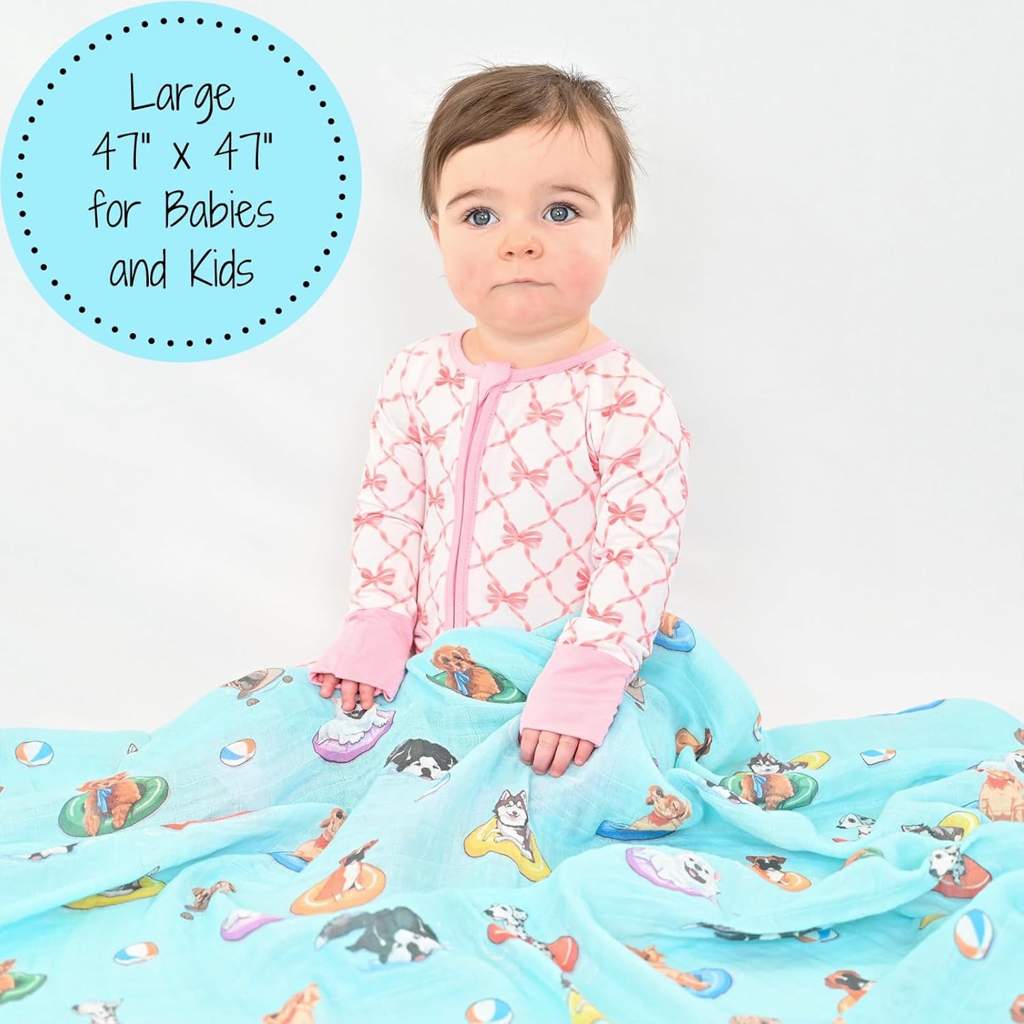 LollyBanks Muslin Blanket 100% Organic Cotton, Summer Muslin Quilt Lightweight, 6 Layers Baby Blankets 47"x 47", Toddler Blanket for Boy and Girl, Nursery Receiving Blankets (Swimming Dogs Print)