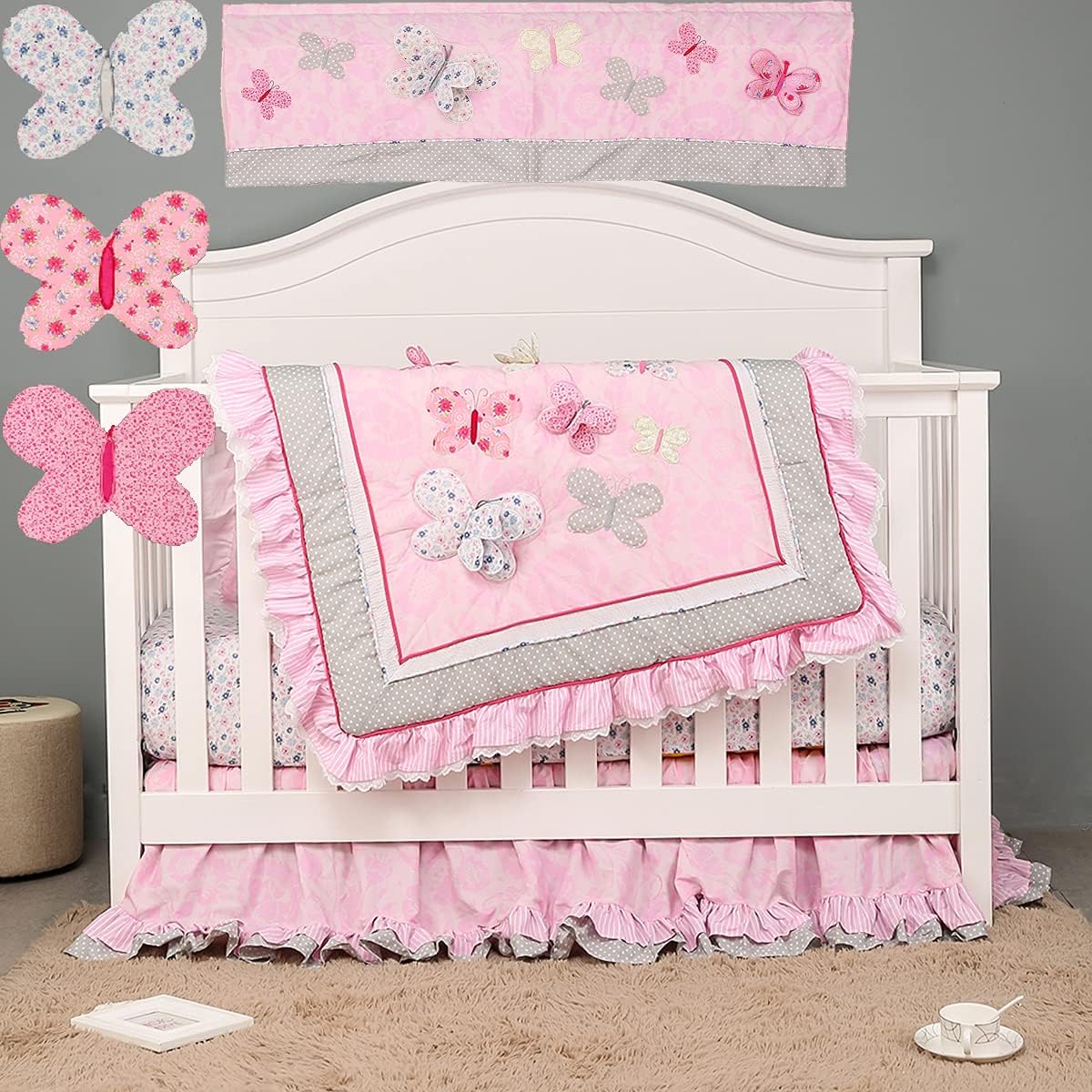 7 PCs Pink Embroidery Butterfly Nursery Crib Bedding Set 100% Cotton Baby Girl 3D Butterfly Themed Cot Bedding Set 1 Quilt, 2 Fitted Sheet, 1 Window Valance, 3 Butterfly Shaped Wall Decor