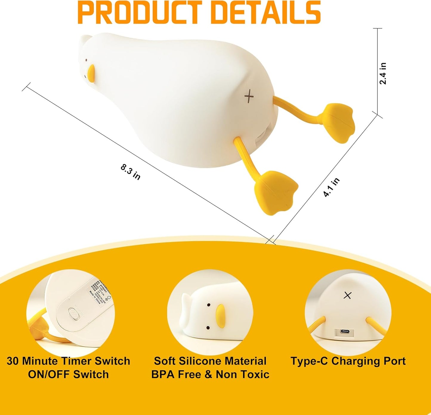 Cute Duck Night Light, Rechargeable Fun Lying Flat Duck Lamp, LED Squishy Animal Novelty Lamp, 3-Level Dimmable Nursery Nightlight for Kids Breastfeeding, Teen Boy Girl Bedside Decor