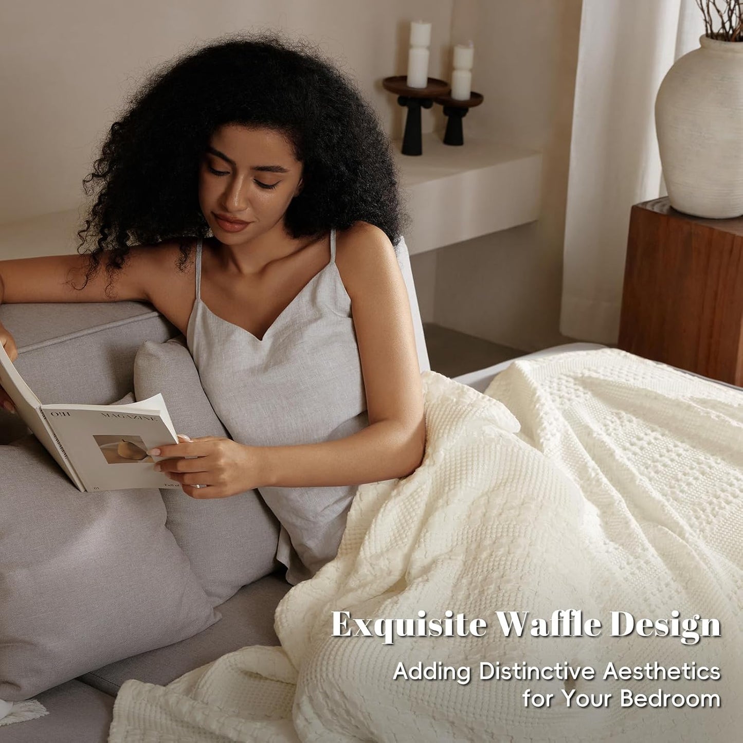 PHF 100% Cotton Waffle Weave Blanket Twin Size, Soft Lightweight Breathable Cozy Summer Blankets for Bed, Luxury Aesthetic Woven Bedding for Home Decor, 66"x90", Cannoli Cream