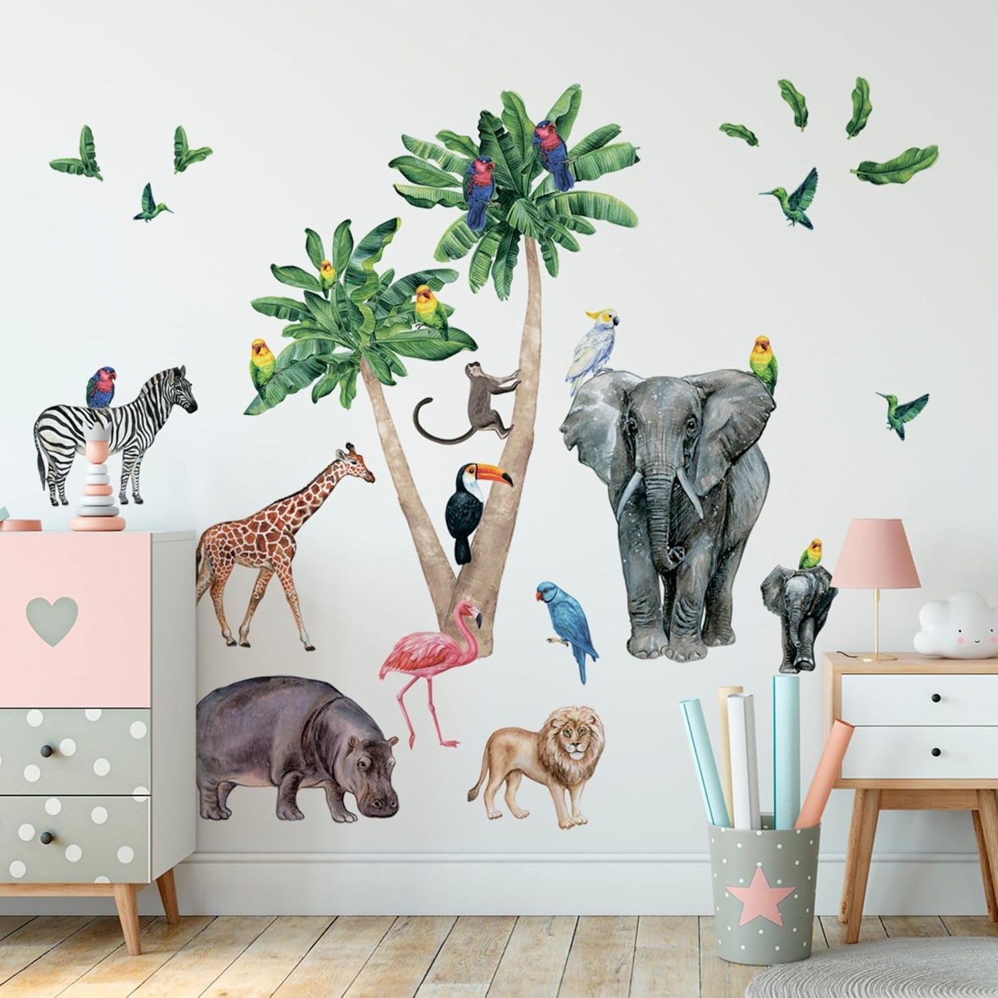 Safari Animal Wall Decals for Kids by Lipastick-Peel and Stick Jungle Stickers Giraffe, Elephant, Hippo, Palm Tree, Parrot for Toddlers Room, Nursery, Playroom, Classroom, Daycare Decor Art- S Size