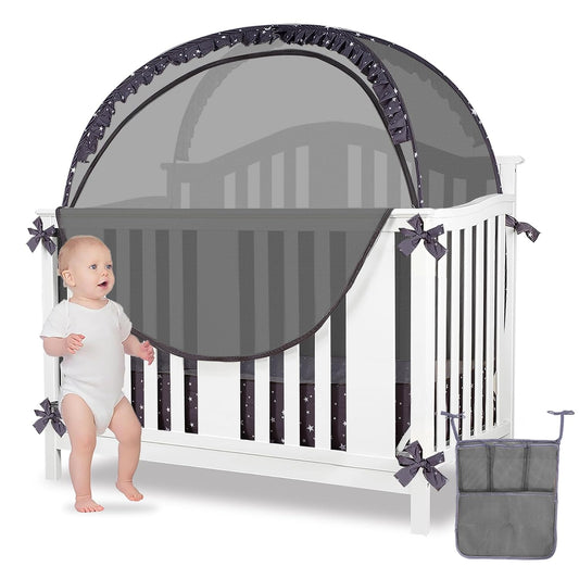 Baby Safety Crib Tent Infant Pop up Mosquito Net Nursery Bed Canopy Netting Cover - Keep Baby from Climbing Out with Hanging Diaper Storage Bag (Dark Gray)
