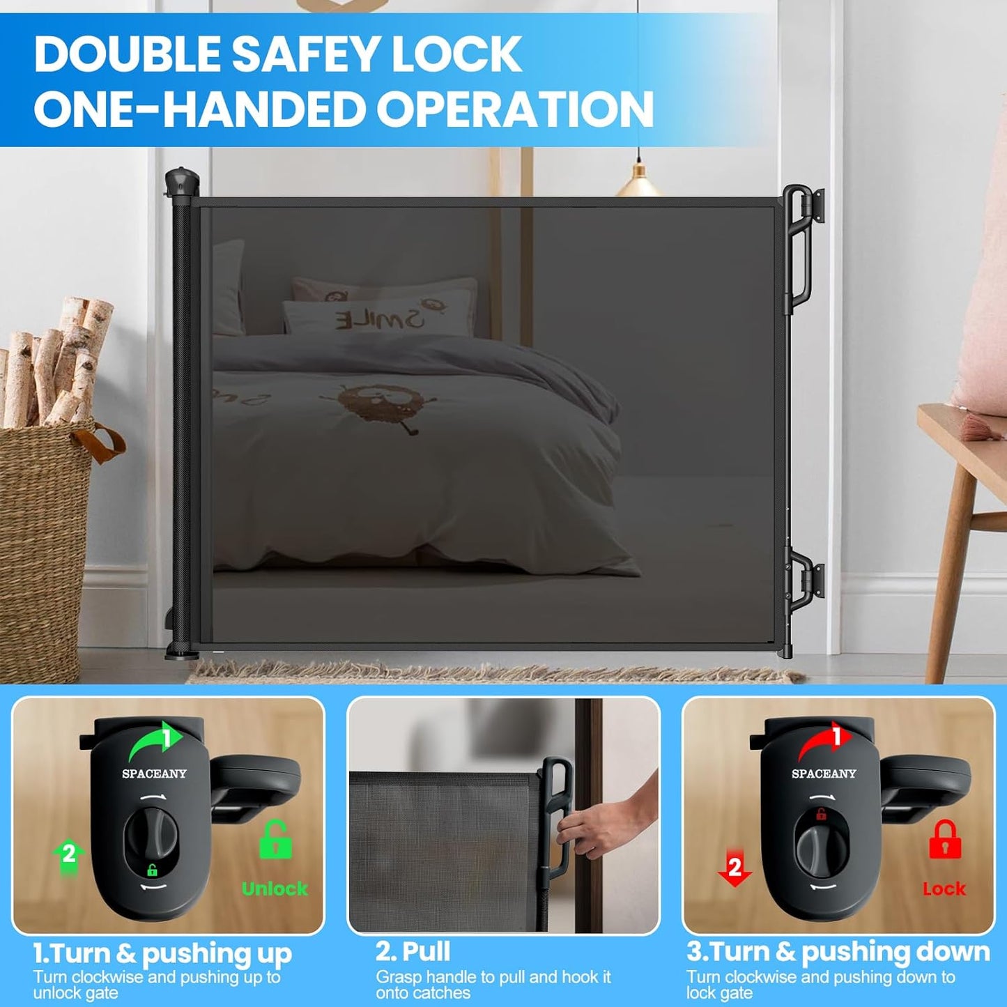 Retractable Safety Baby Gate or Mesh Dog Gate,Durable Portable Mesh Retractable Gate,Easy to Use for Stairs, Doorways, Hallways, Indoor, Outdoor, 33.5" Tall, Up to 65" Wide, Black