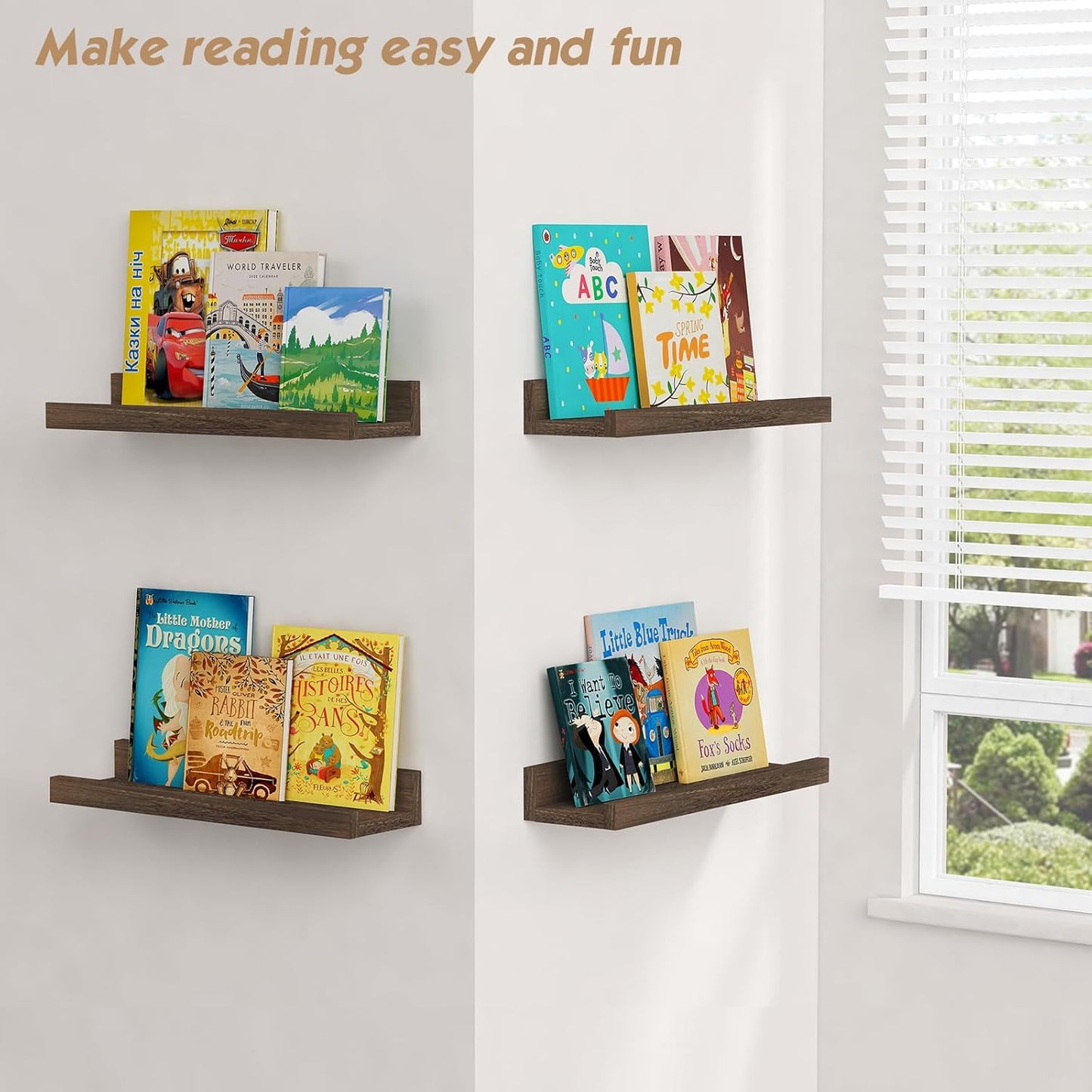 Forbena Dark Wood Nursery Floating Shelves for Wall Set of 4, Short Wall Bookshelf for Kids Bedroom, Wooden Hanging Book Shelves with Rail for Nursery Books, Baby Room Bathroom Storage (Dark Brown)