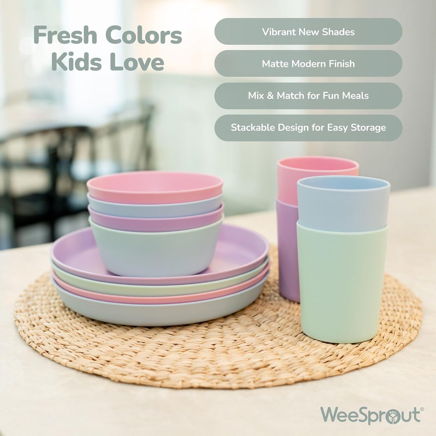 WeeSprout Bamboo Kids Bowls, Set of Four 10 oz Kid-Sized Bamboo Bowls, Dishwasher Safe Kid Bowls (Blue, Green, Gray, & Beige)
