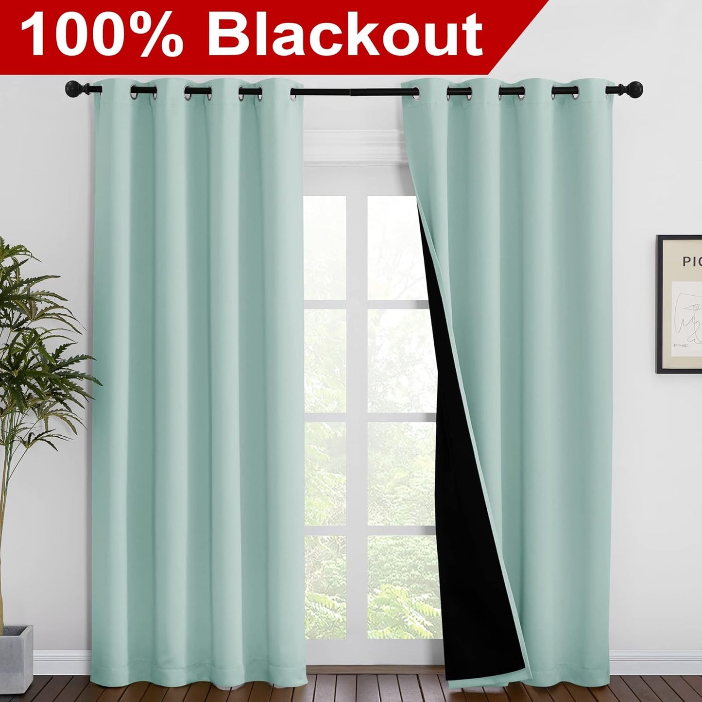 NICETOWN Aqua Blue 100% Blackout Curtain Set, Thermal Insulated & Energy Efficiency Window Draperies for Guest Room, Full Shading Panels for Shift Worker and Light Sleepers, 55W x 86L, 2 PCs