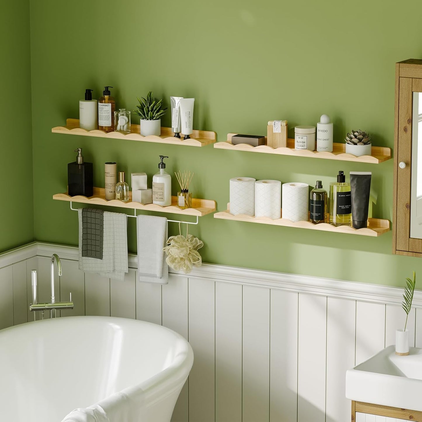 Fixwal Nursery Shelves, 24 Inch Floating Bookshelves for Wall Set of 4, Scalloped Wall Book Shelves with Towel Rack for Kids, Toddler Room, Baby Room, Nursery Decor and Storage(Natural Wood)