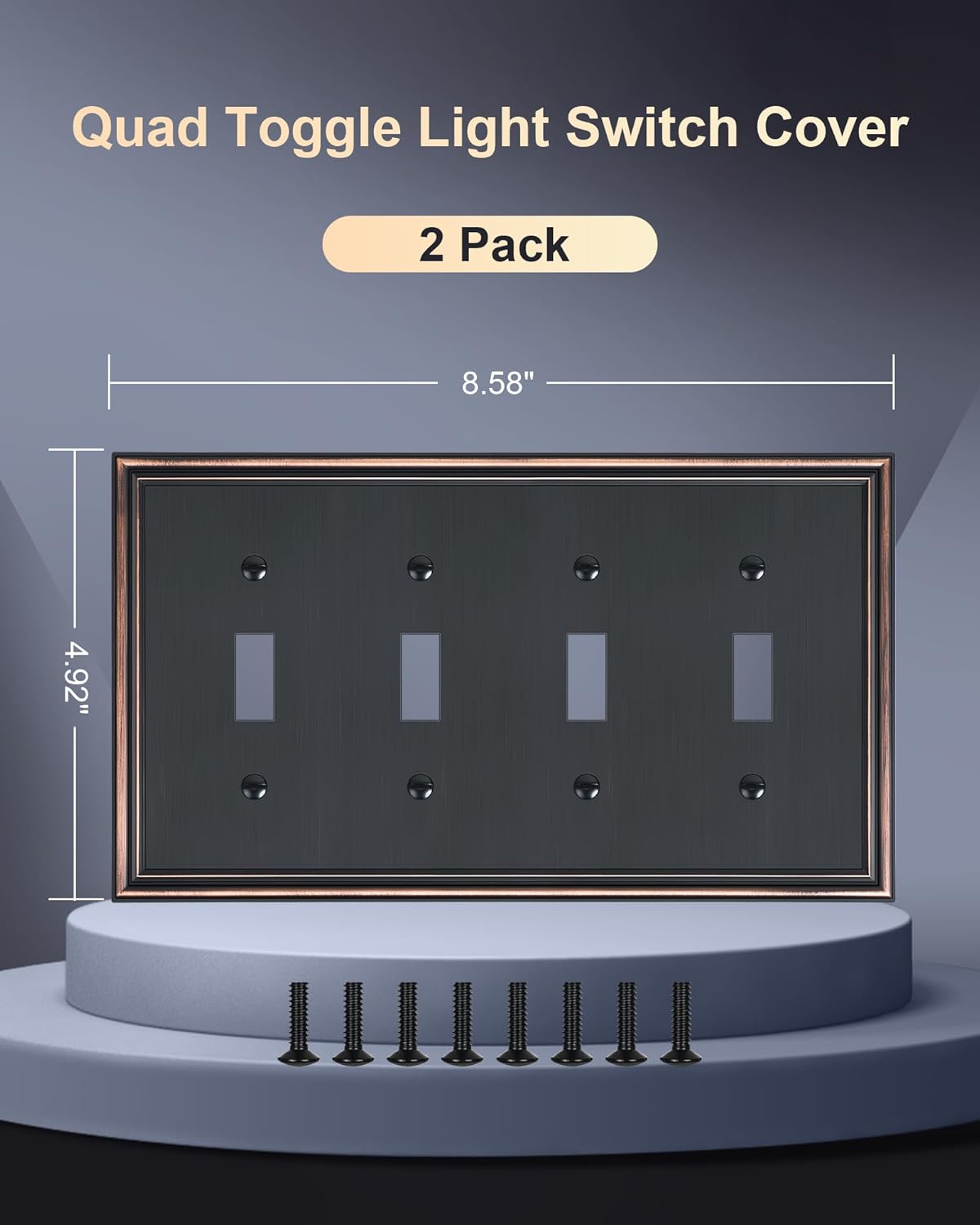 2-Pack Quad Toggle Light Switch Cover Plate, Durable Zinc Alloy Decorative Switch Plate Covers, Aged Bronze 4 Gang Wall Plate for Toggle Light Switch and Rotary Dimmer Switch