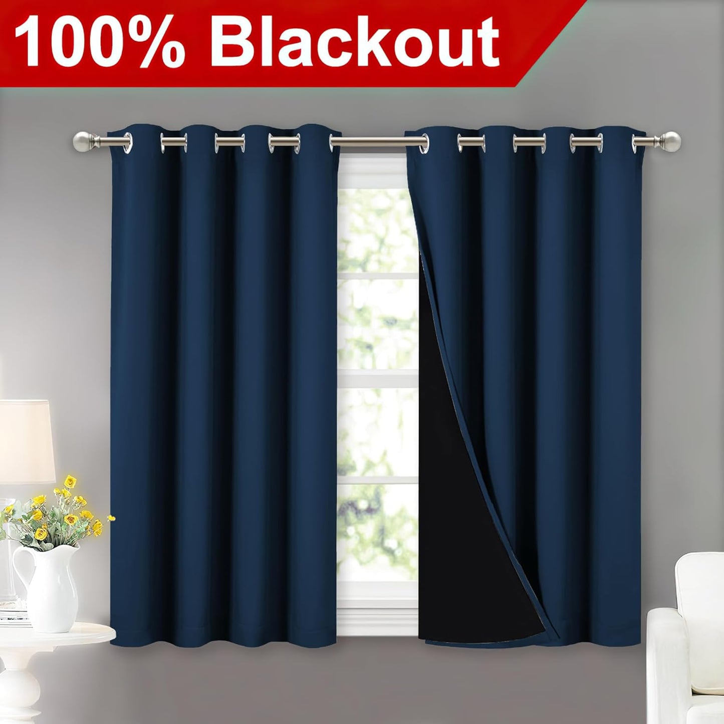 NICETOWN 100% Blackout Curtains with Black Liners, Thermal Insulated Full Blackout 2-Layer Lined Curtains, Energy Efficiency Window Draperies for Dining Room (Moroccan Blue, 2 Panels, 52" W by 45" L)