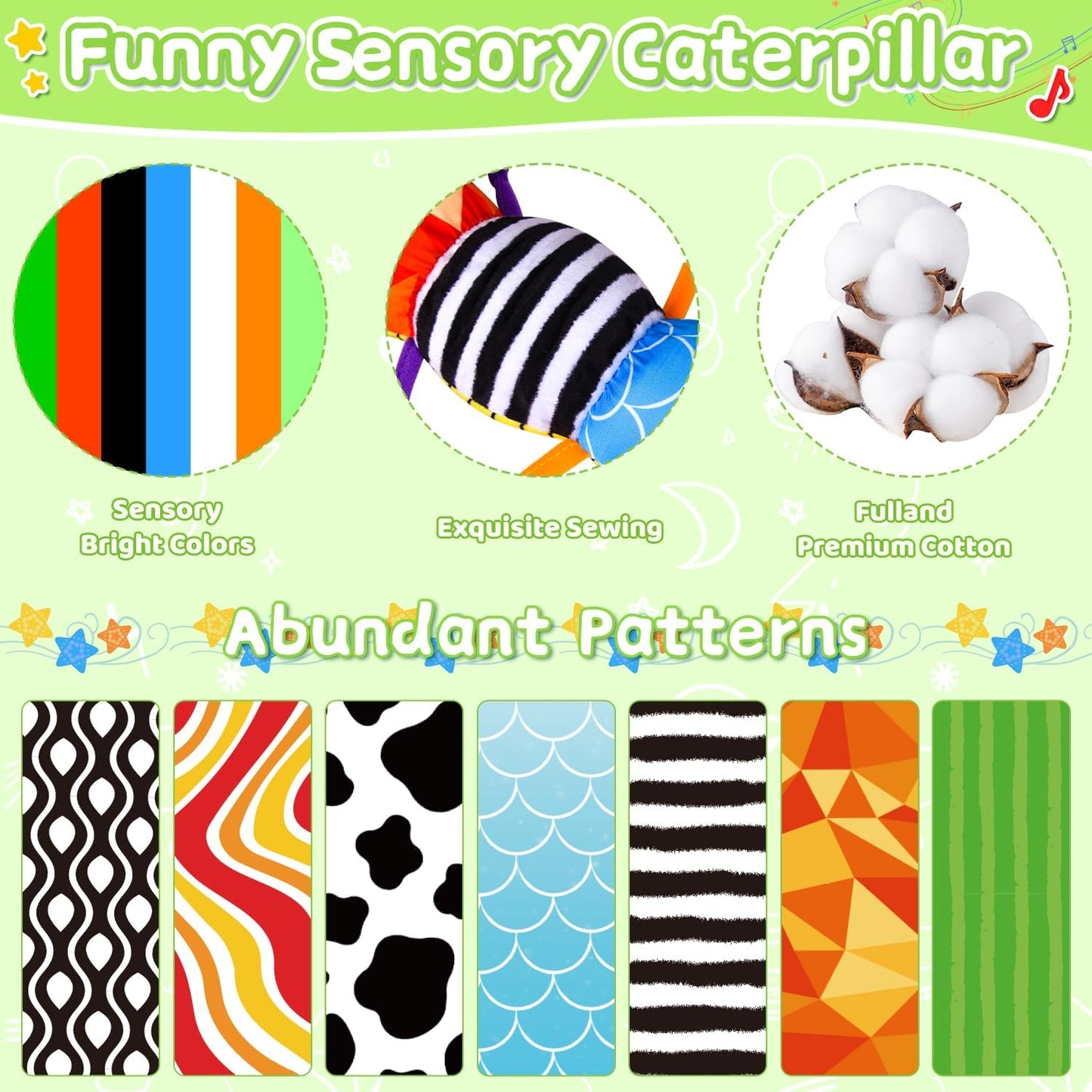 Baby Toys 0 to 12 Months, Stuffed Animal Infant Tummy Time Toys Sensory Toys with Crinkle, Rattles, Textures and Mirror Gifts for Newborn Boy Girls Toddlers, Caterpillar Musical Toy (Green)