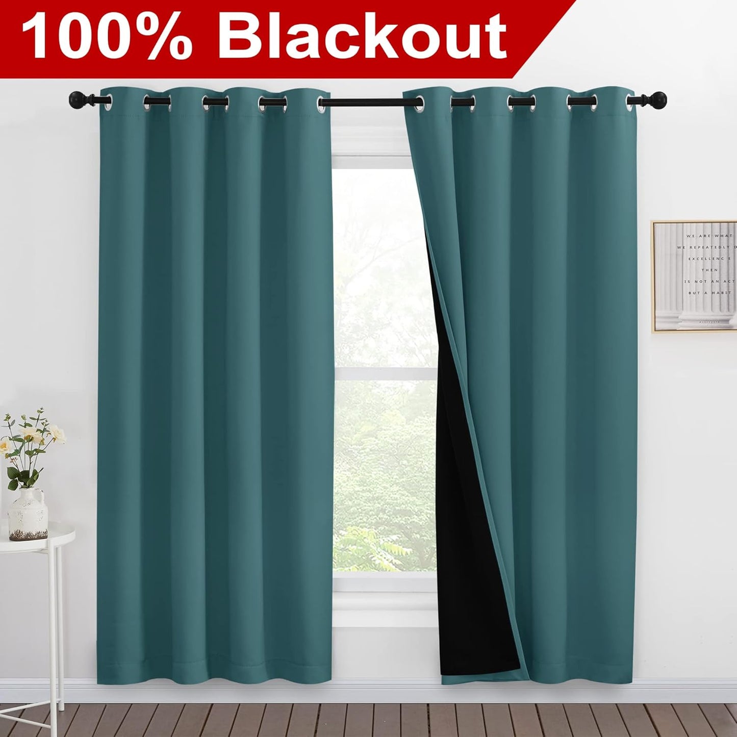 NICETOWN Full Shade Curtain Panels, Pair of Energy Smart & Noise Blocking Out Blackout Drapes for Apartment Window, Thermal Insulated Guest Room Lined Window Dressing(Sea Teal, 55 x 78 inch)