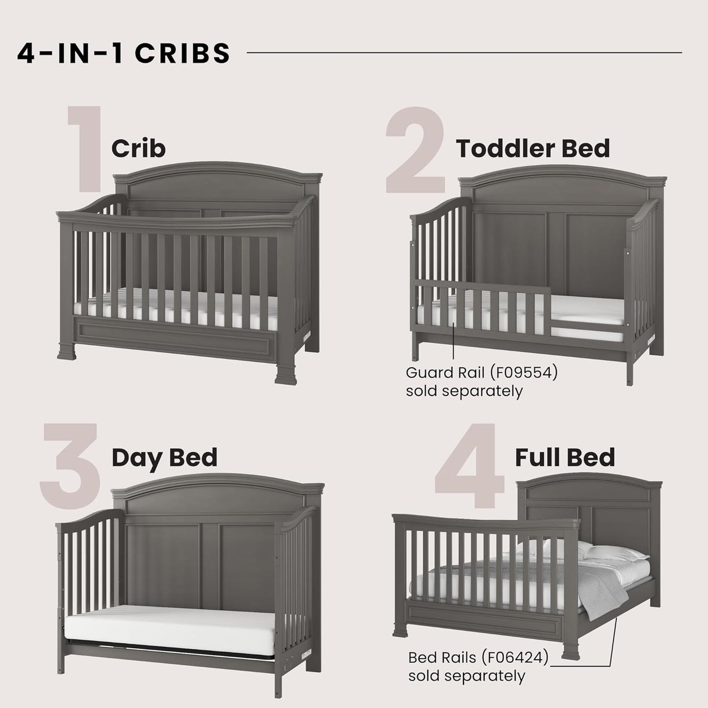 Child Craft Legacy Westgate 4-in-1 Convertible Crib, Baby Crib Converts to Day Bed, Toddler Bed and Full Size Bed, 3 Adjustable Mattress Positions, Baby Safe Finish, Fully Assembled (Chelsea Gray)